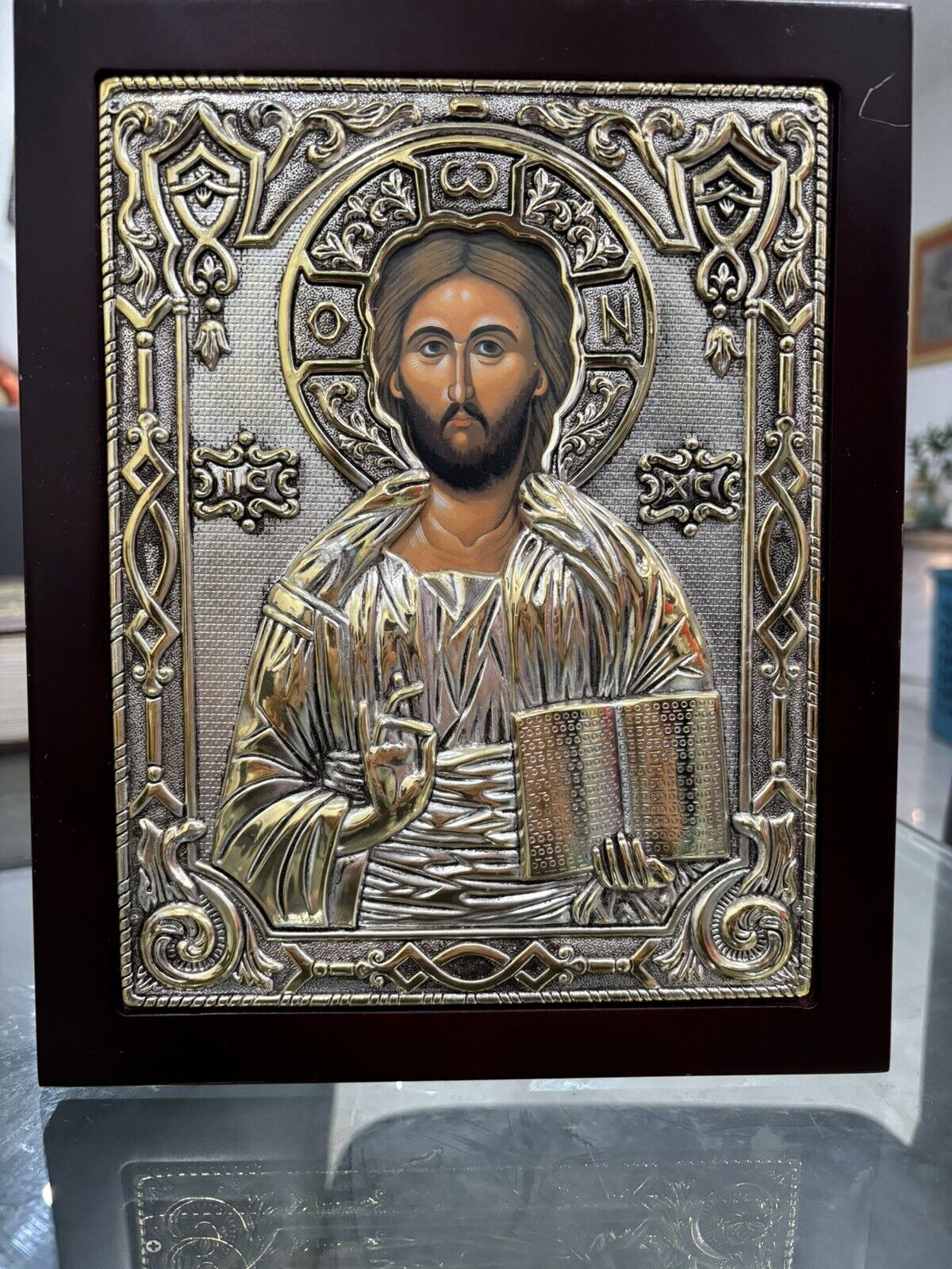 Vintage Greek Catholic Orthodox Silver Icon Christ Pantocrator 10.5” X 8.5”