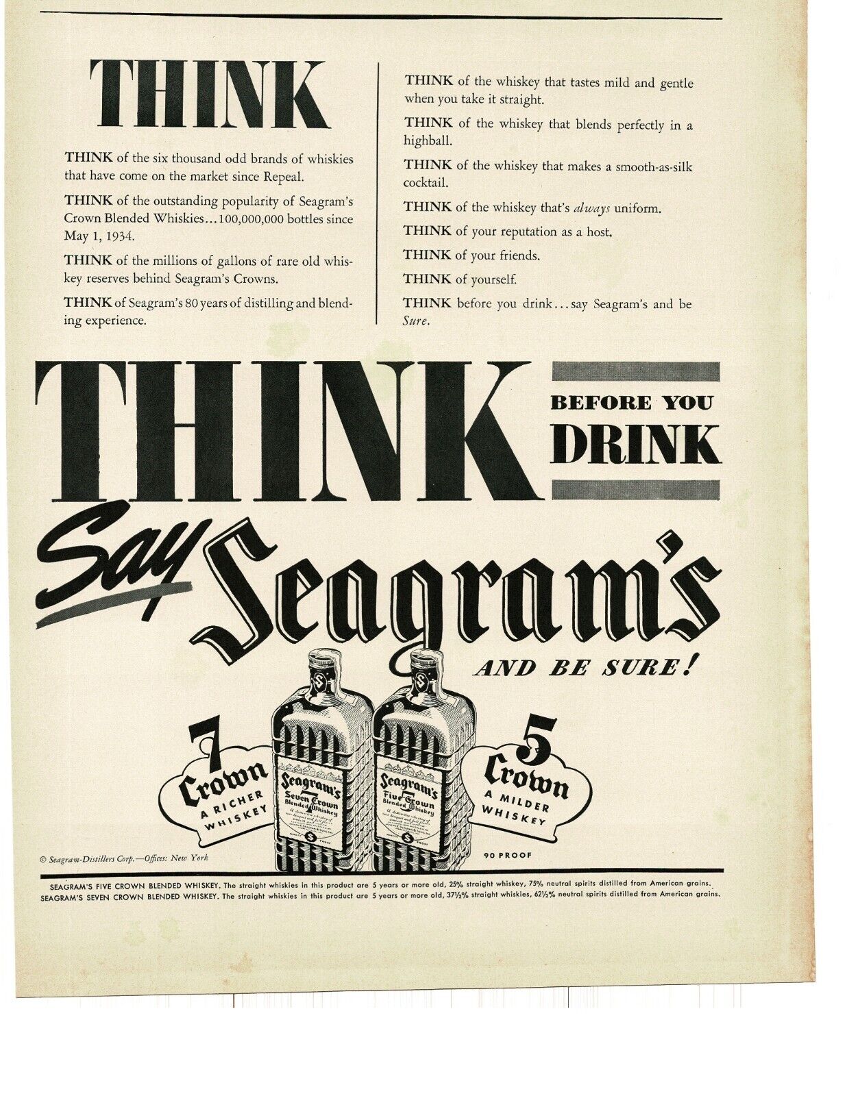 1937 Seagram\'s 7 5 Crown Whiskey Think Before You Drink art Vintage Ad