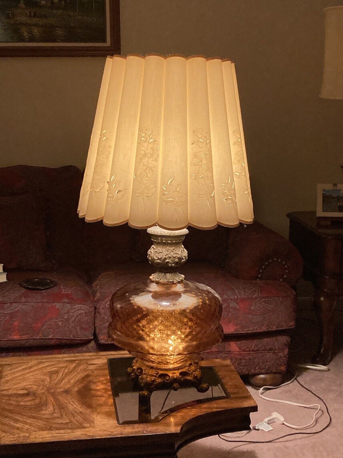 LARGE Vintage Hollywood Regency Mid Century Table Lamp Amber Glass Metal Base