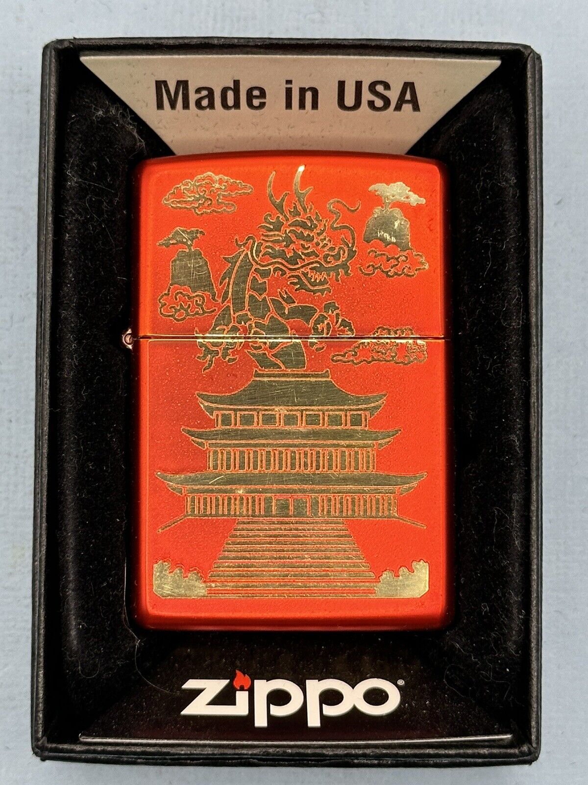 2021 Chinese Dragon & Temple Red Metallic Zippo Lighter NEW