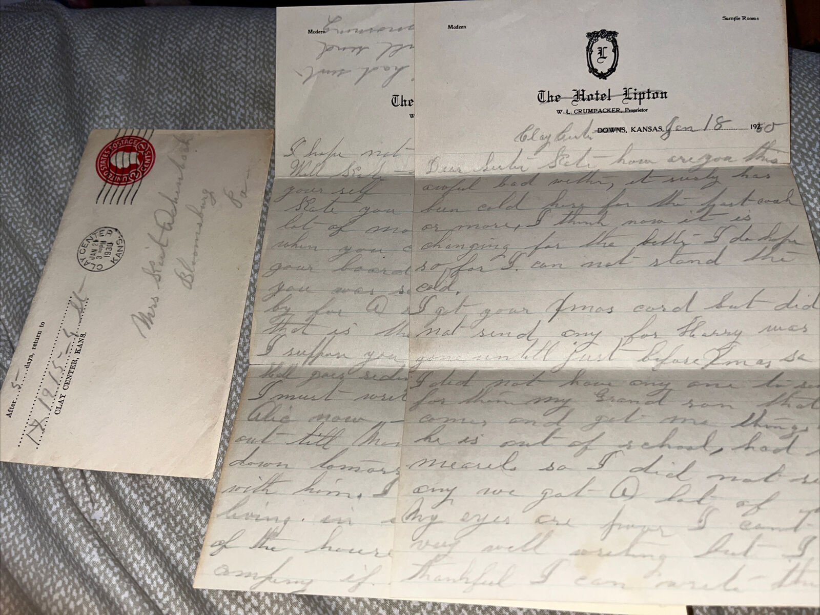 Antique 1930 Letter The Hotel Lipton Letterhead Downs Clay Center Kansas KS