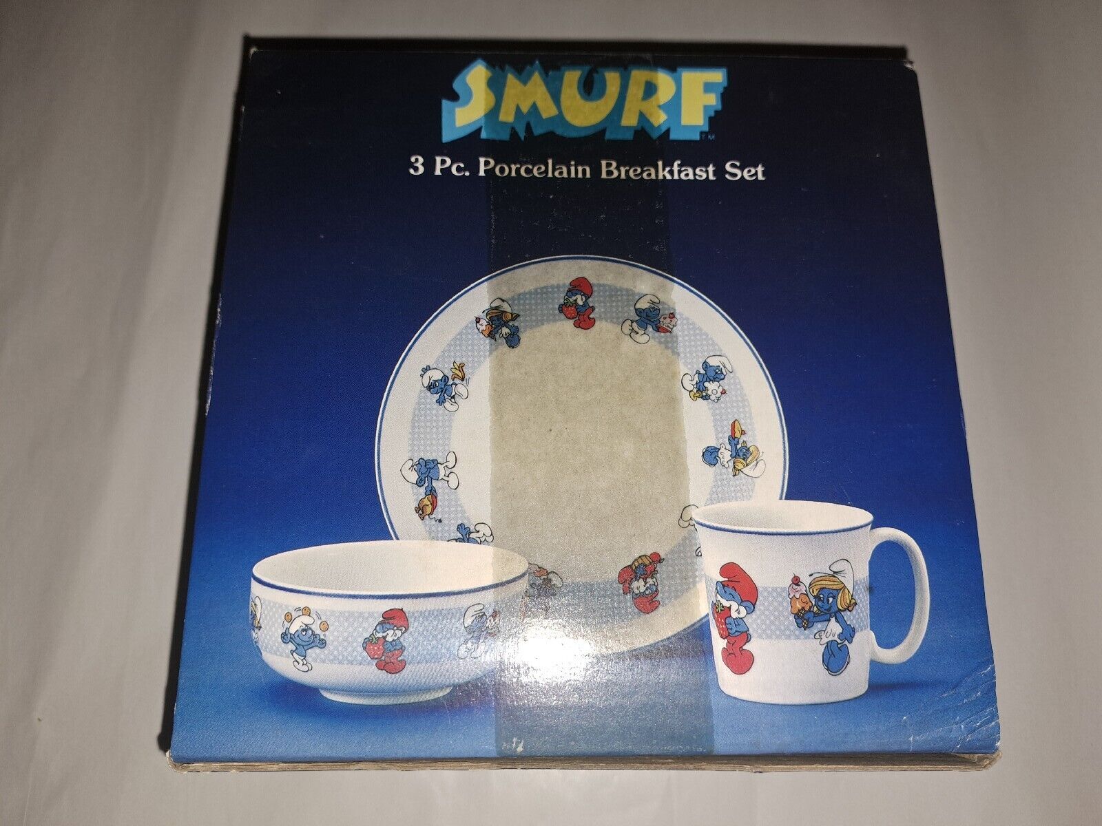 The Smurfs Breakfast Set 1982 Porcelain Plate Bowl Mug 3 Piece WallaceBerrie NEW