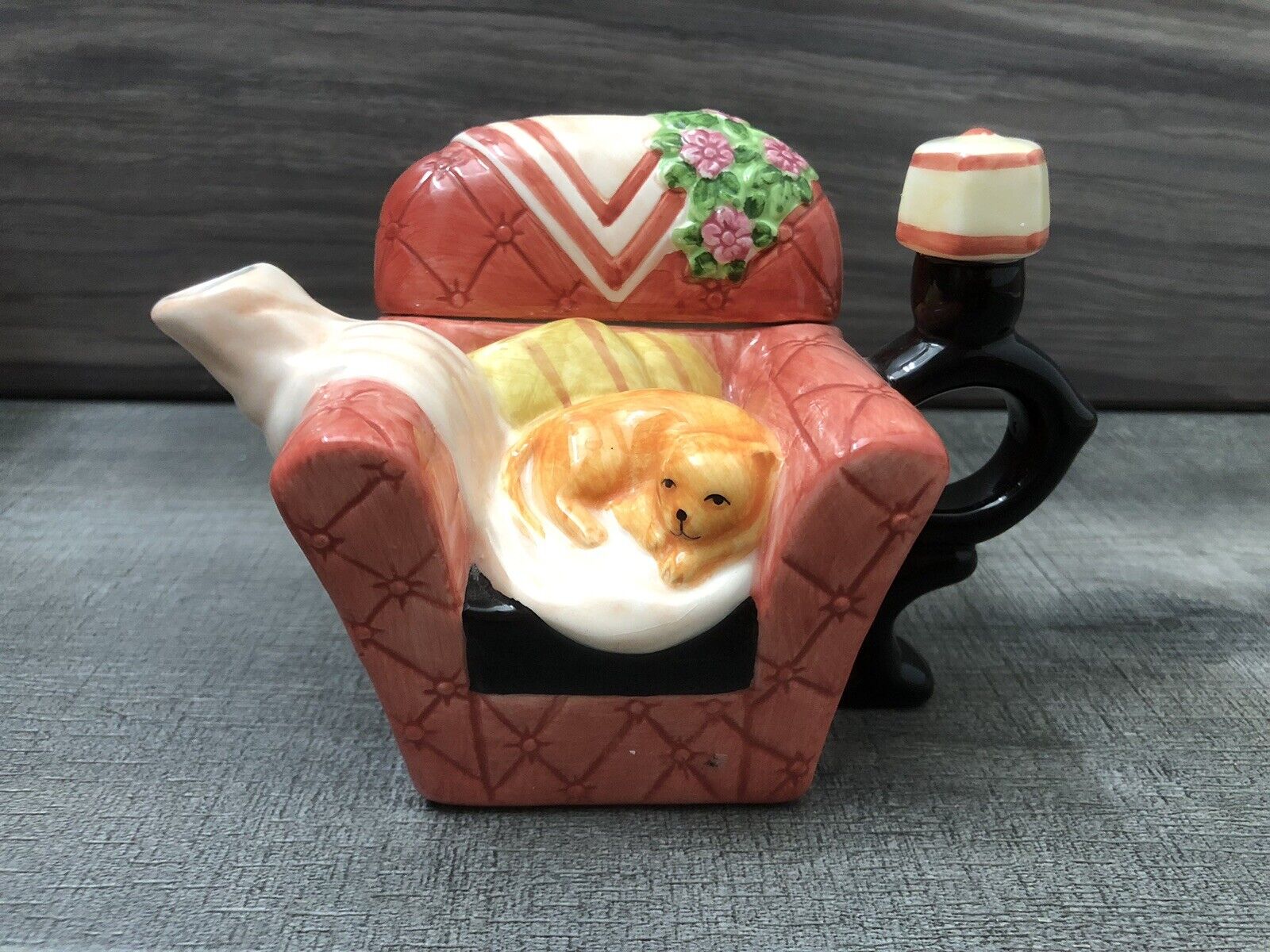 Vintage HH Mini Ceramic Teapot W/lid Cat on Chair Decorative Collectible