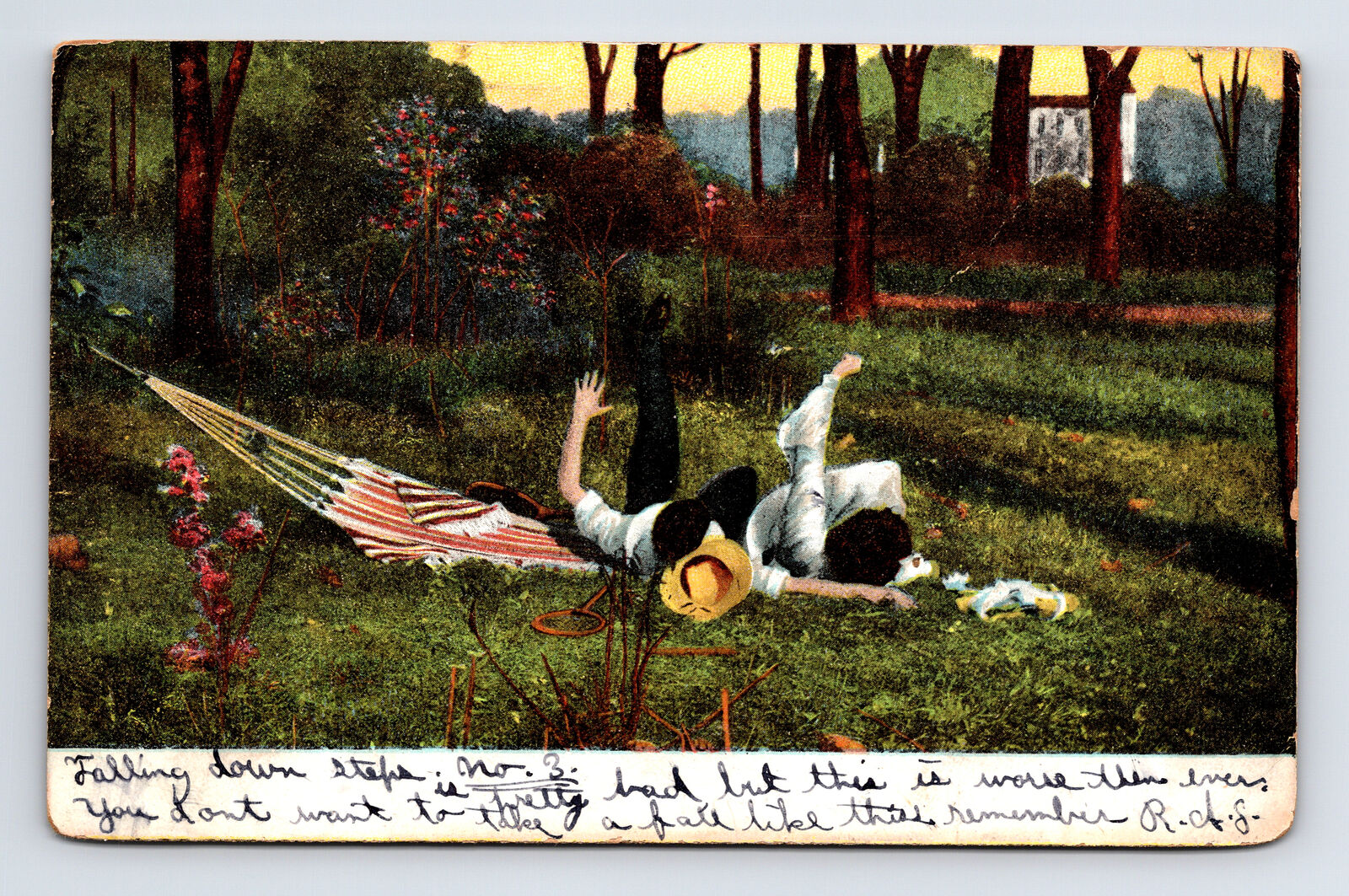 c1906 Victorian Romance Couple Fall Off Hammock After Tennis UDB Postcard