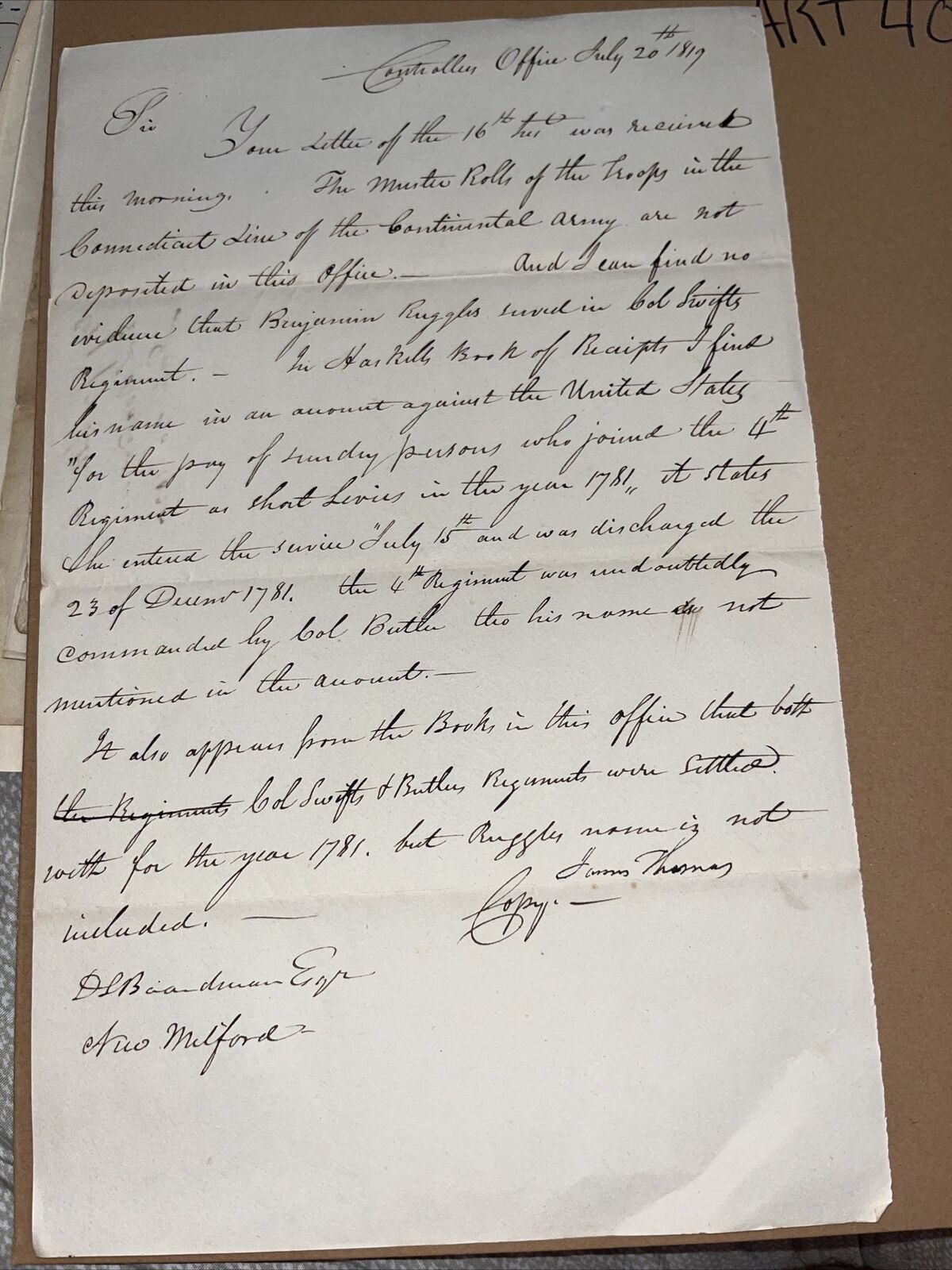 1820 Copy of Letter from D Boardman on Connecticut Continental Army Muster Roll