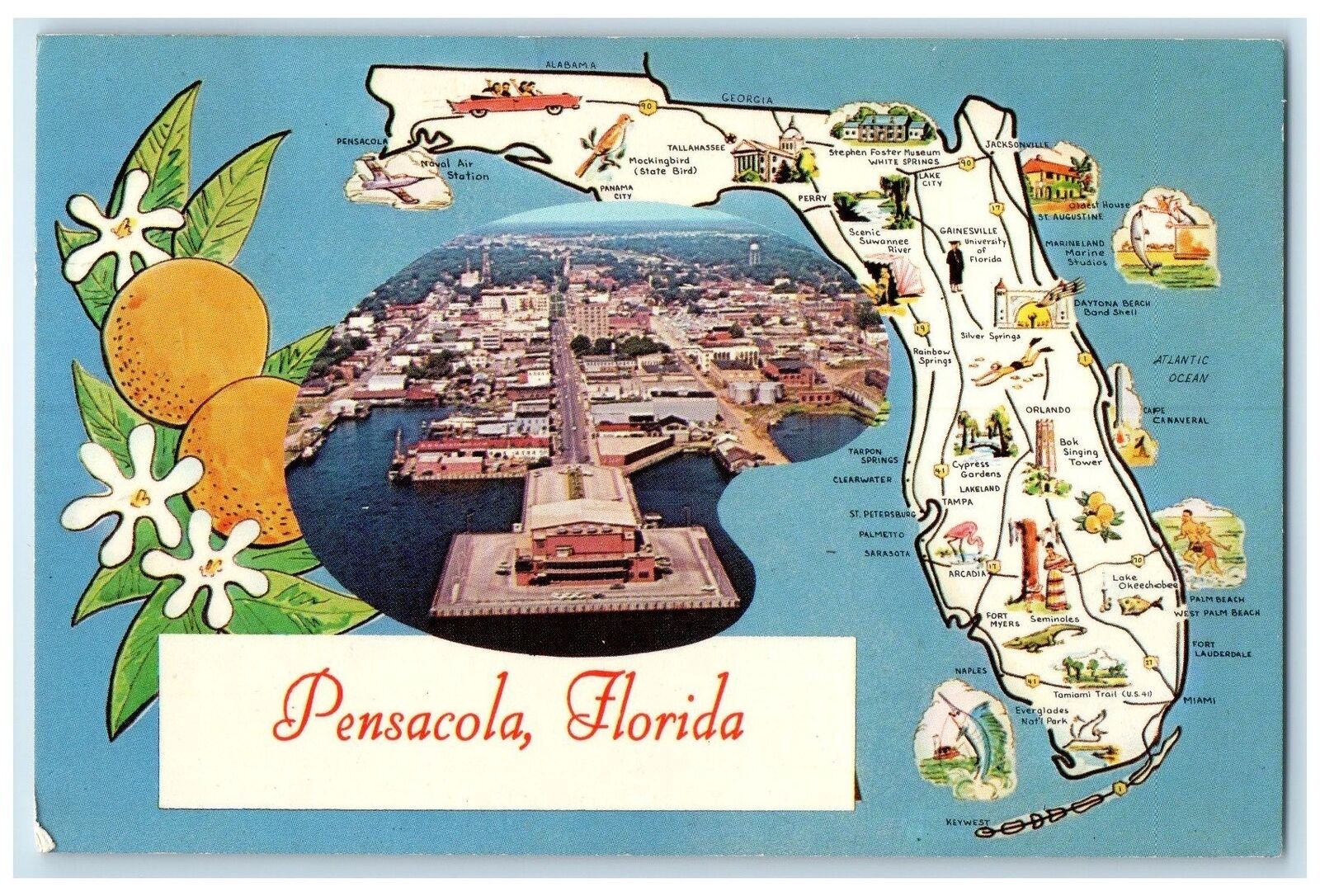 1969 Aerial View Industrial Center Gulf Of Mexico Pensacola Florida FL Postcard