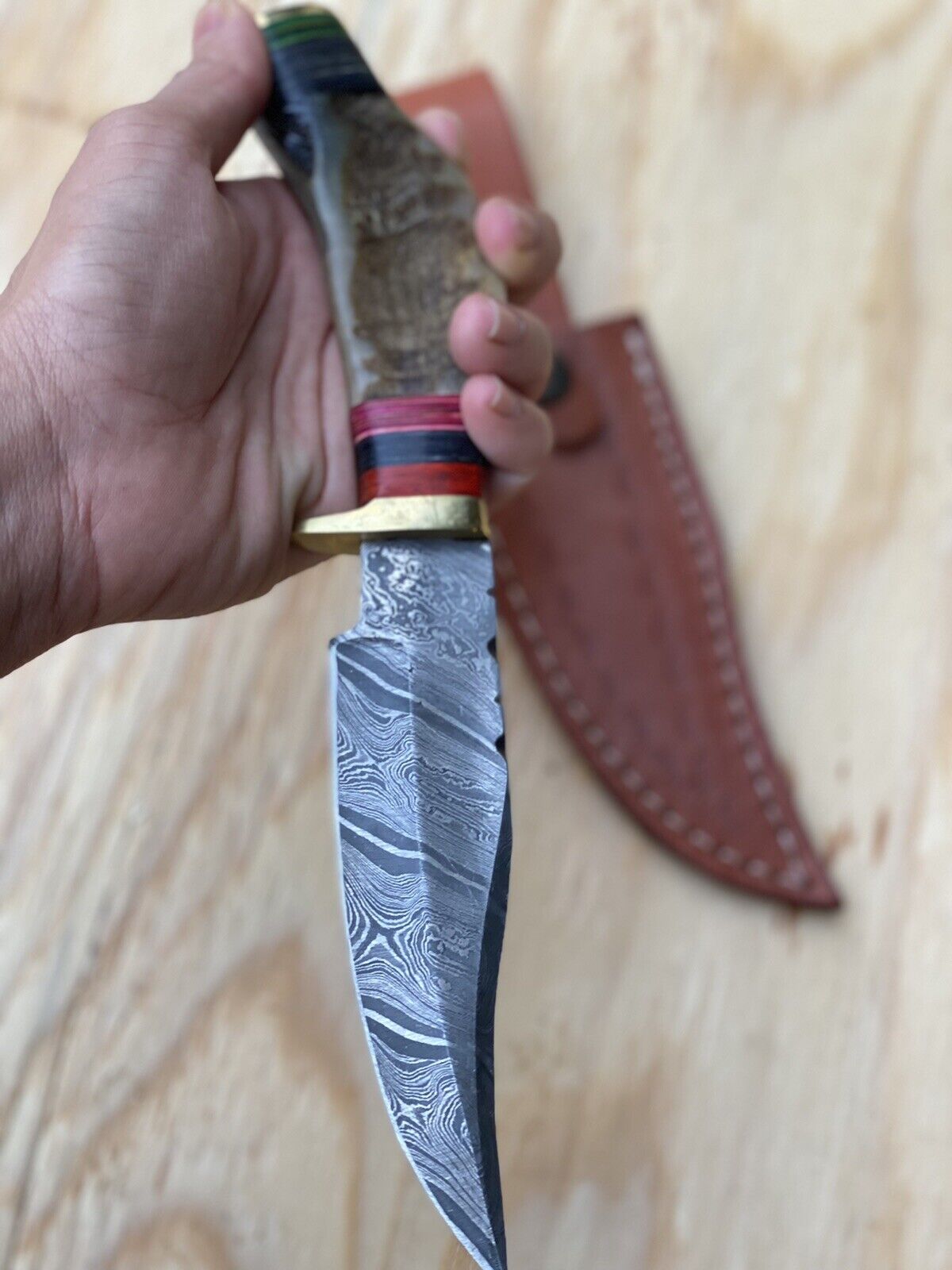 10”Custom Made Damascus Steel Blade w/Ram horn handle/Skinner/hunting Knife ZH07