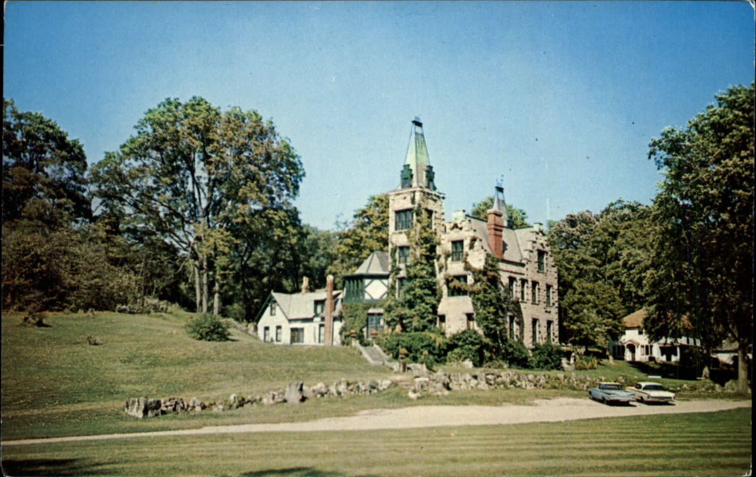 Mac-O-Chee Castle ~ West Liberty Ohio ~ Flemish style architecture ~ 1950s cars