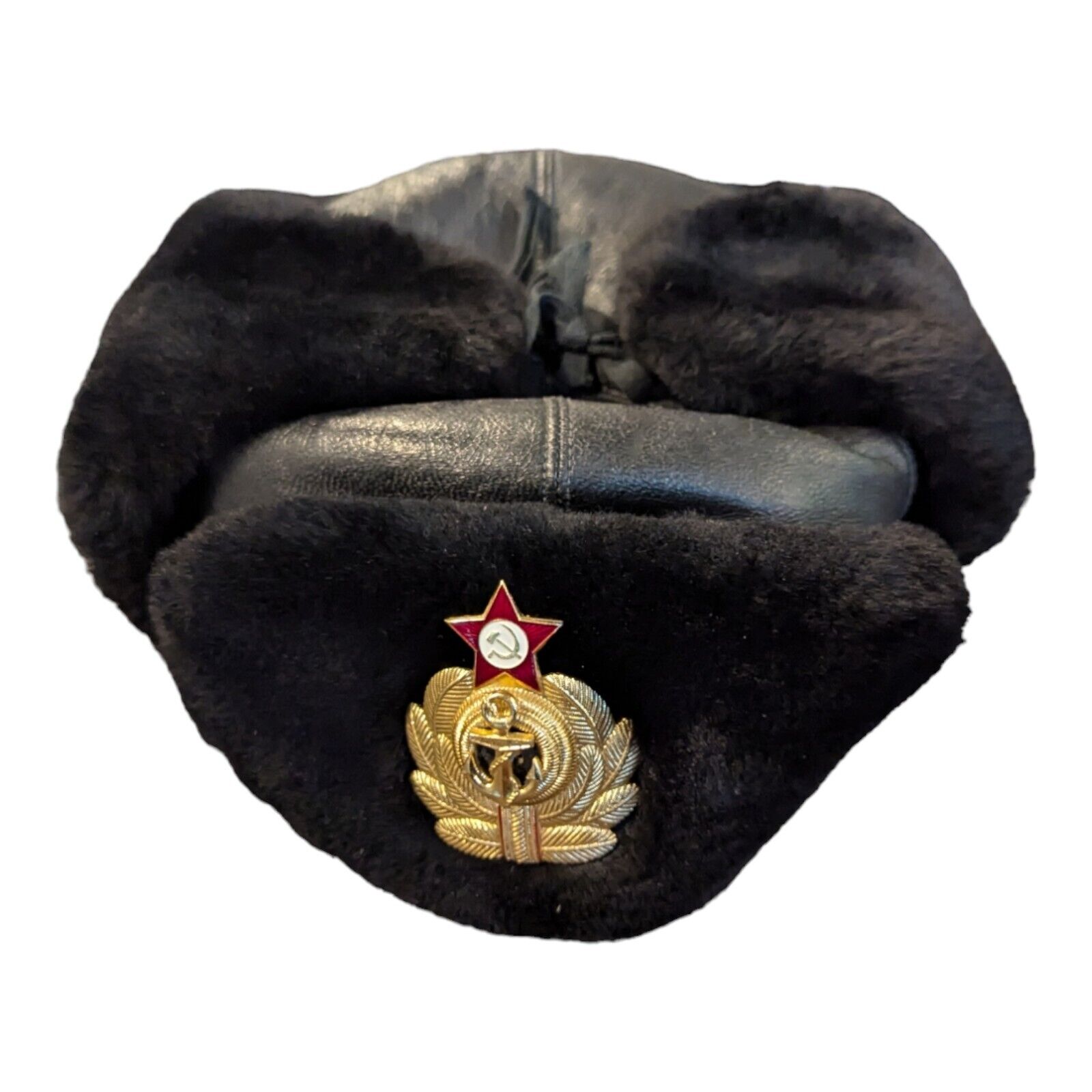 USSR Russian Navy Officer Black Fur Ushanka Wool Top Hat Badge 56cm 56
