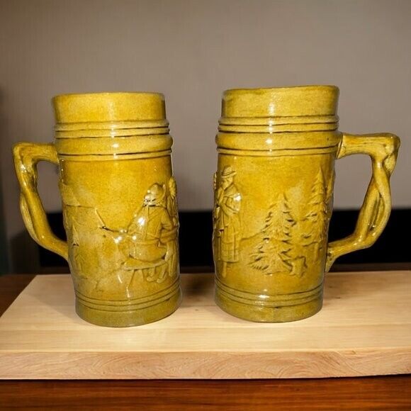 Ceramic Beer Mugs Stein Vintage 1980 Yellow Gold Glaze Handmade Signed *read*