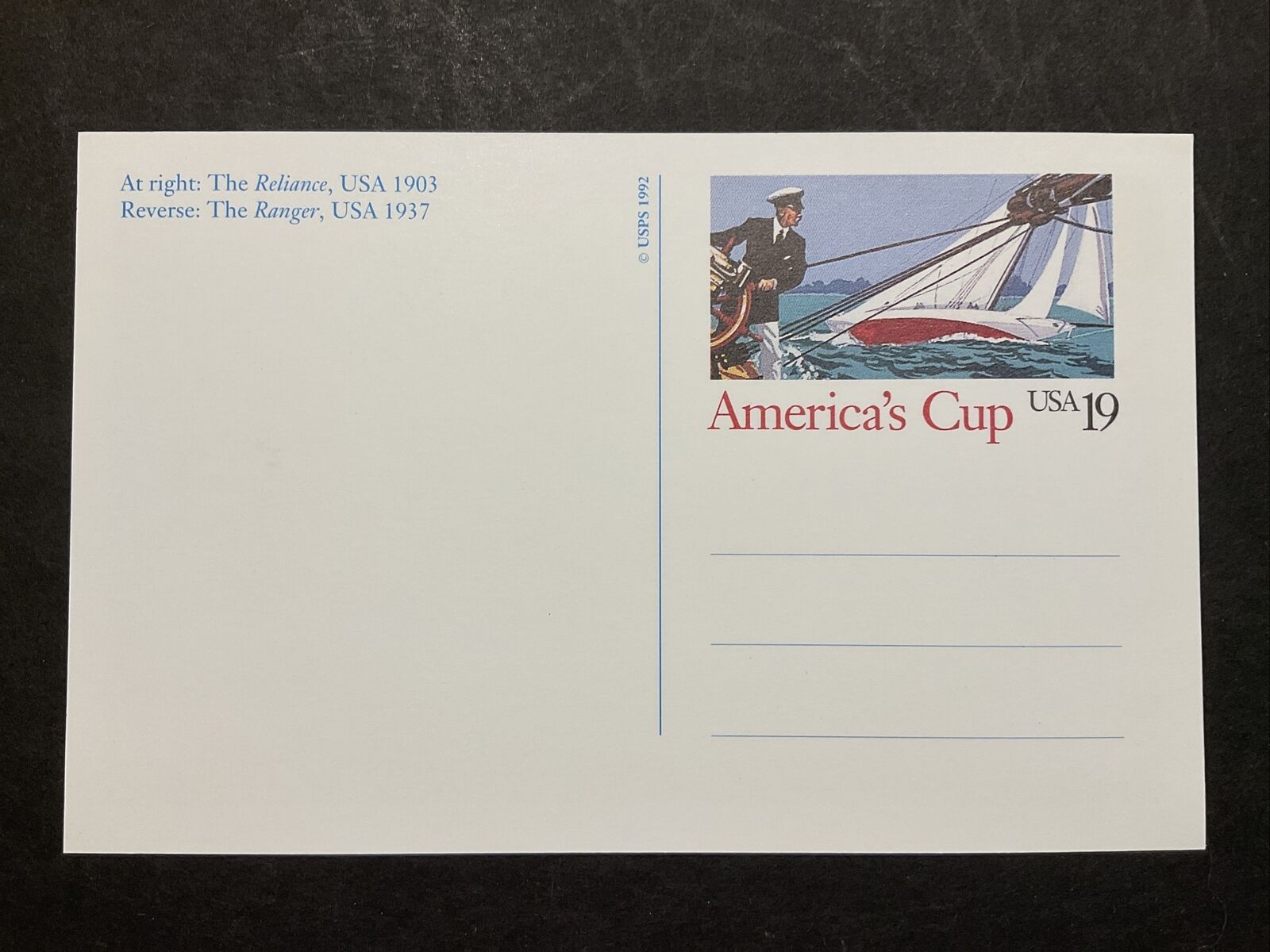 America's Cup 19c Stamped Vintage Boat Postcard Showing the Ranger On Back 1992
