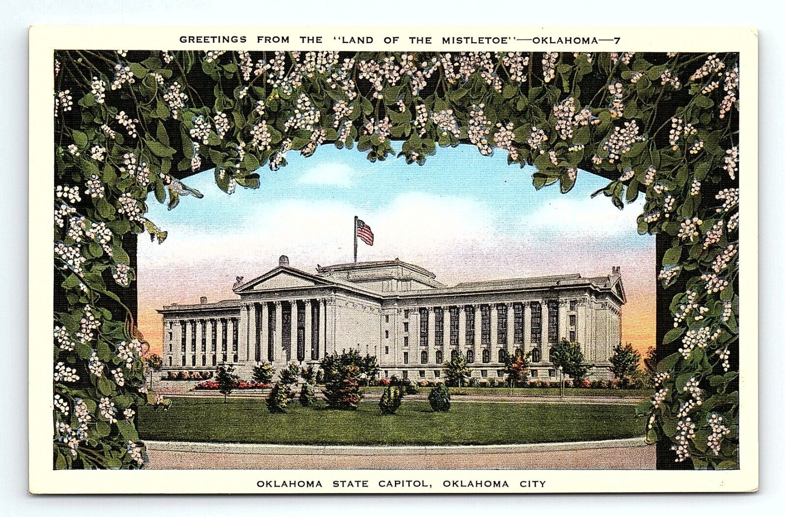 Greetings From Land of Mistletoe Oklahoma City State Capitol OK VTG Postcard
