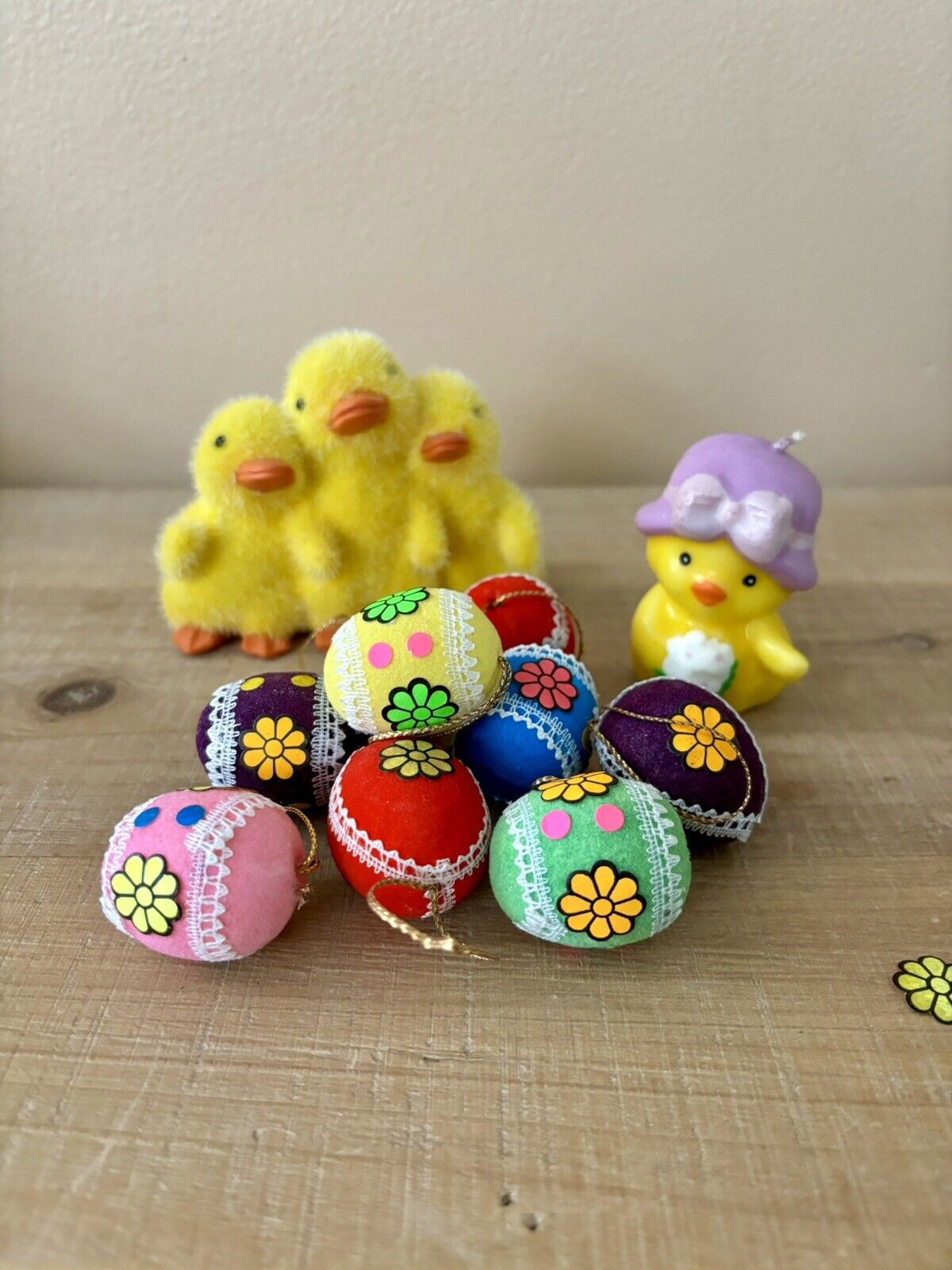 Vintage Easter Items 11-Piece Lot Candle, Figurine, Flocked Mini Egg Ornaments