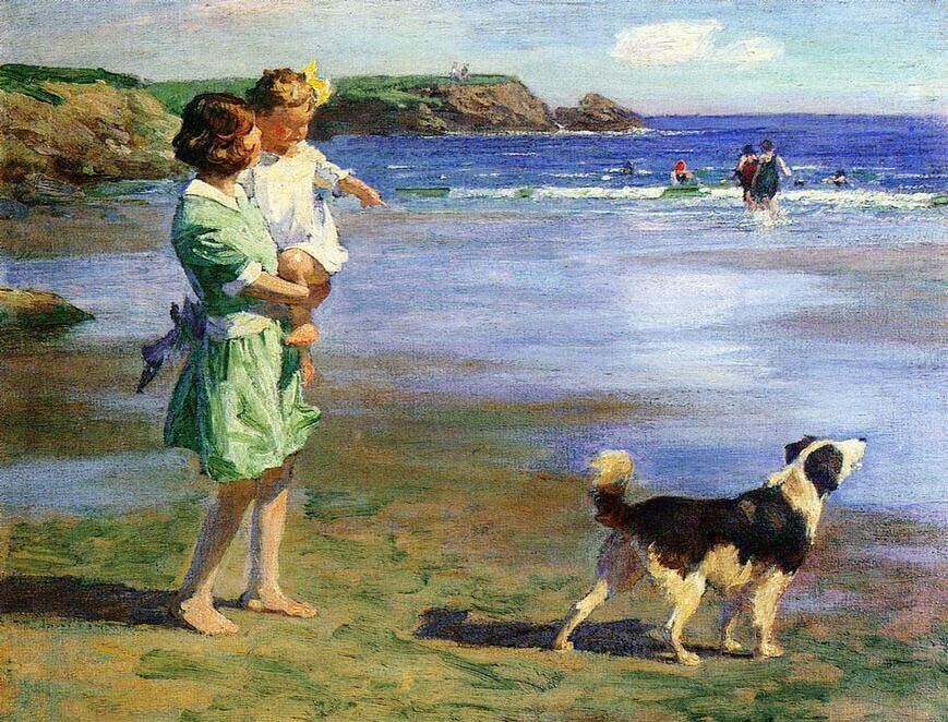 Oil painting Edward-Potthast-Summer-Pleasures mother & baby pet dog on beach art