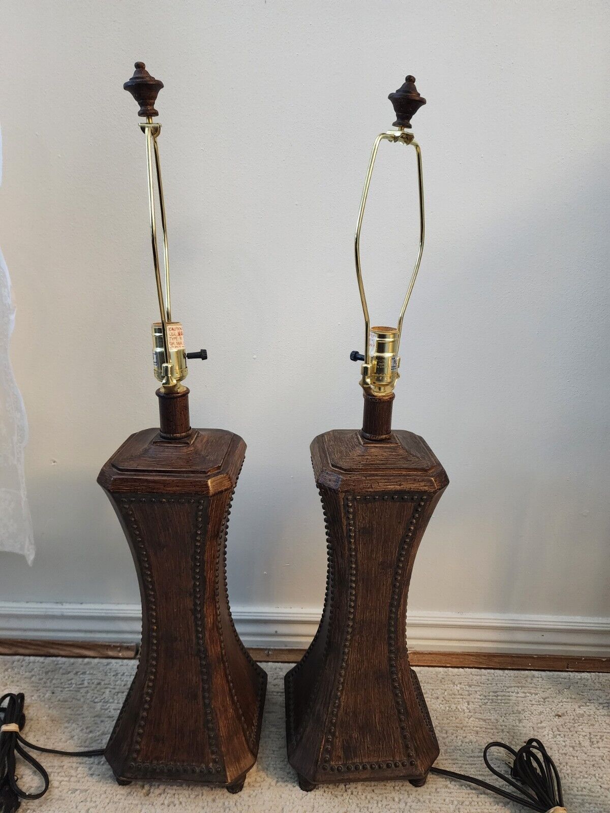 Pair Of Wooden Studded Lamps 32\