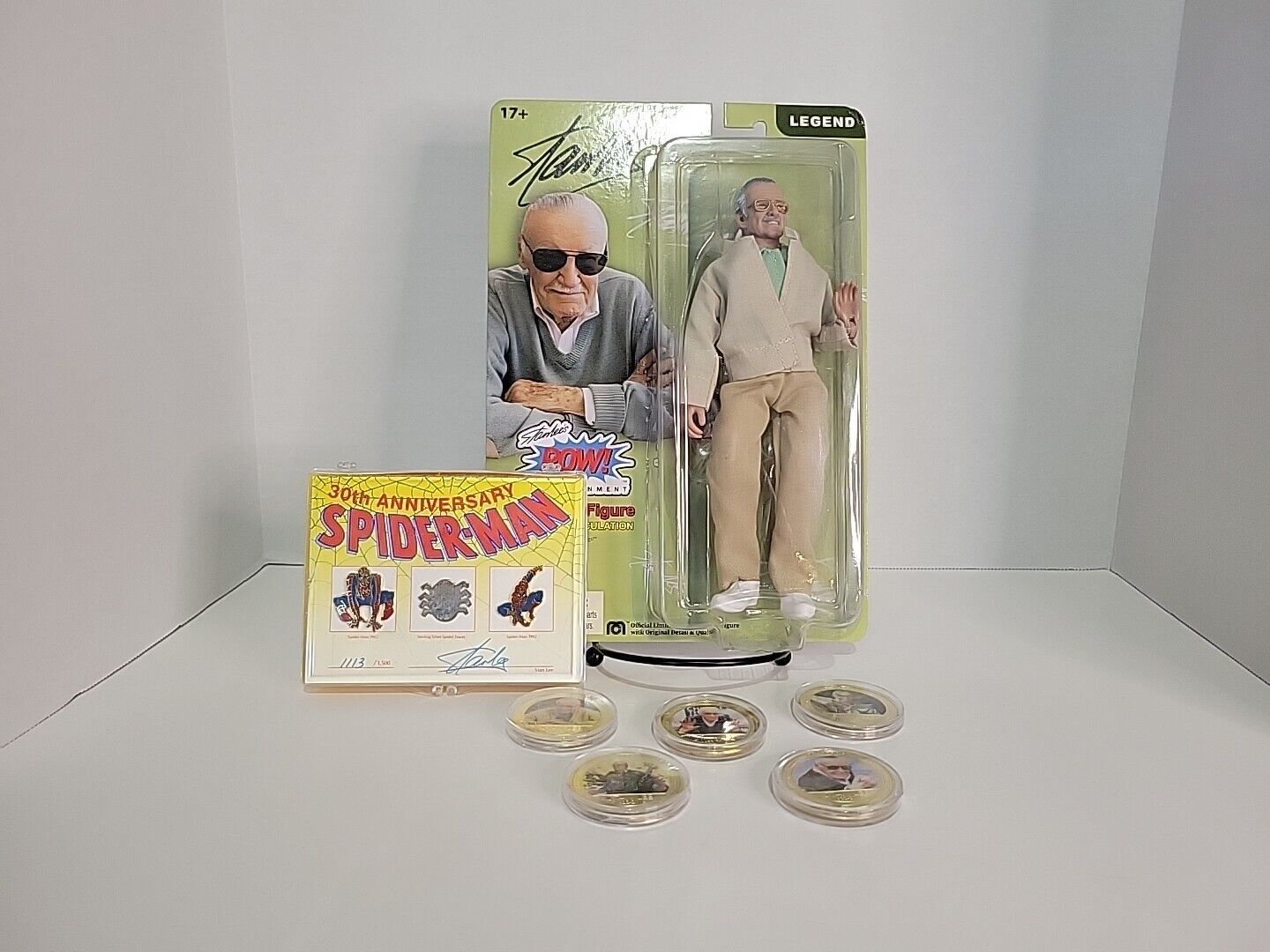 RARE Autographed STAN LEE Spider-man Pin Set Legend Action Figure & 5 Coin Lot