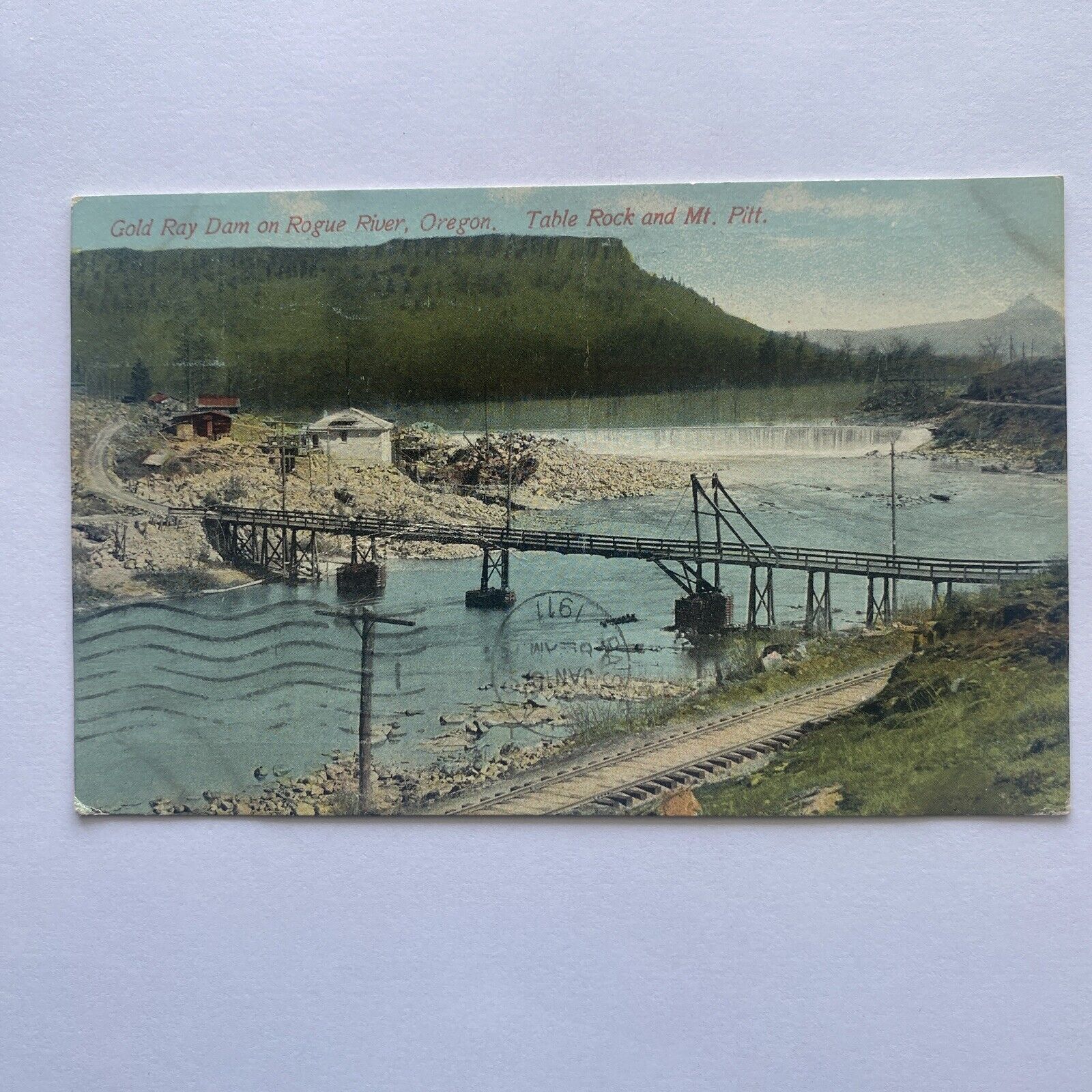 Gold Ray Dam Rogue River Jackson Co RR & Bridge Scene Mt Pitt OR Postcard