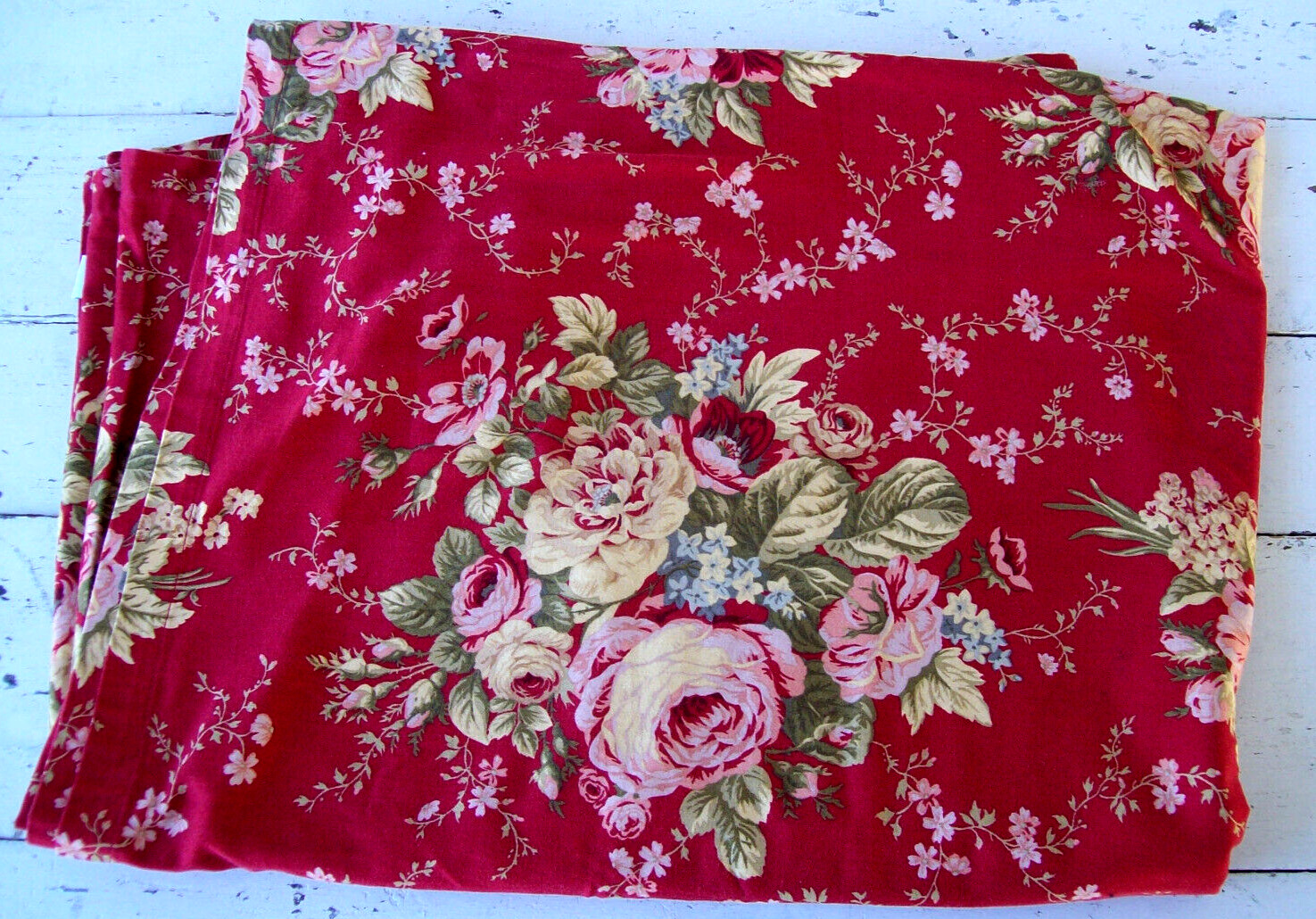 Waverly Home Ballad Bouquet Tablecloth~Roses/Red Background~100% Cotton~66 X 84