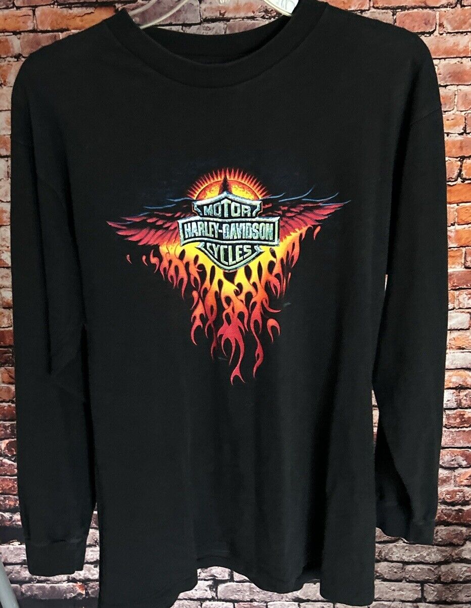 Vtg 1998 HARLEY-DAVIDSON Bettendorf Iowa L/S Flames T-Shirt Size L - MADE IN USA