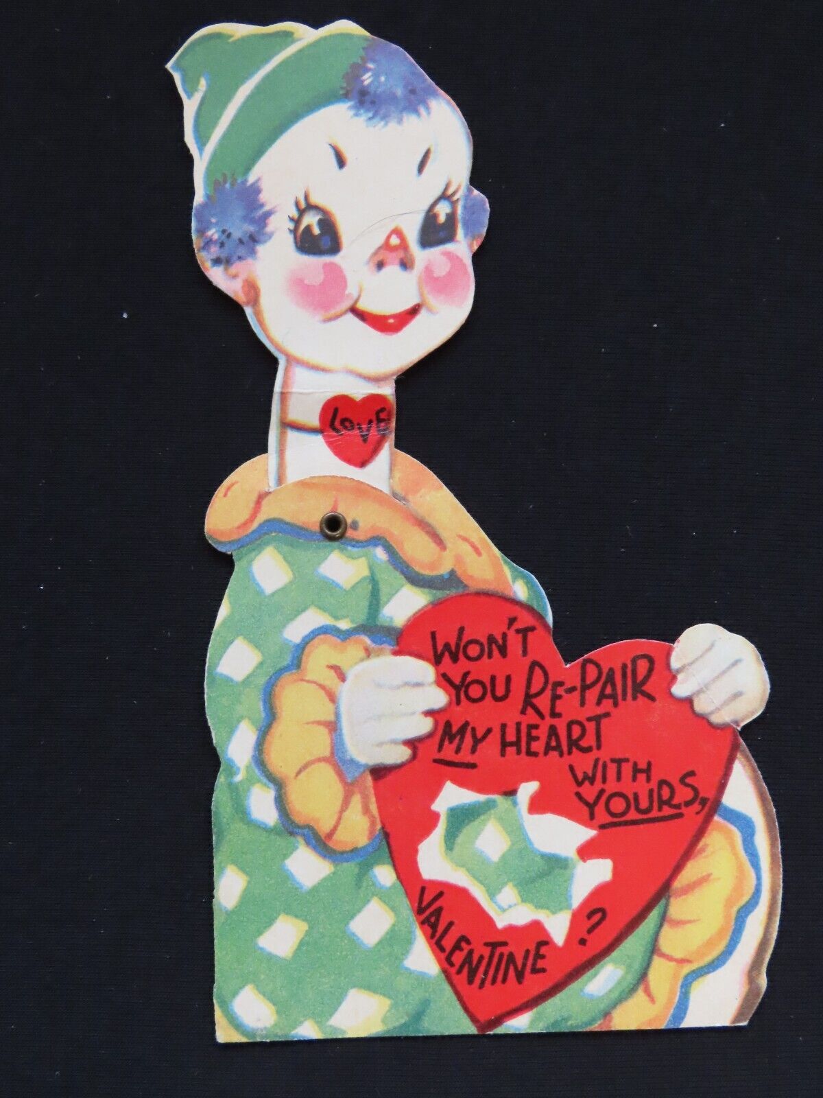 Vintage Valentine Day Card Mechanical Moveable Clown 1930s-50\