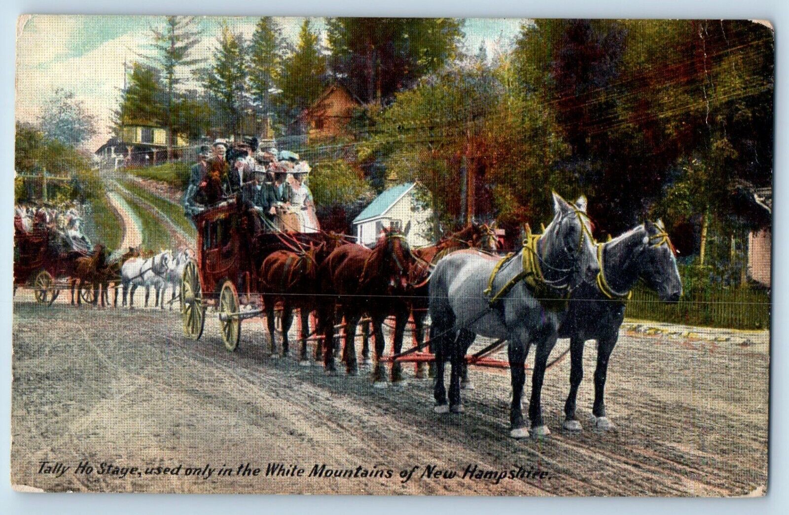 Farmington New Hampshire Postcard Tally Ho Stage White Mountains c1910 Vintage