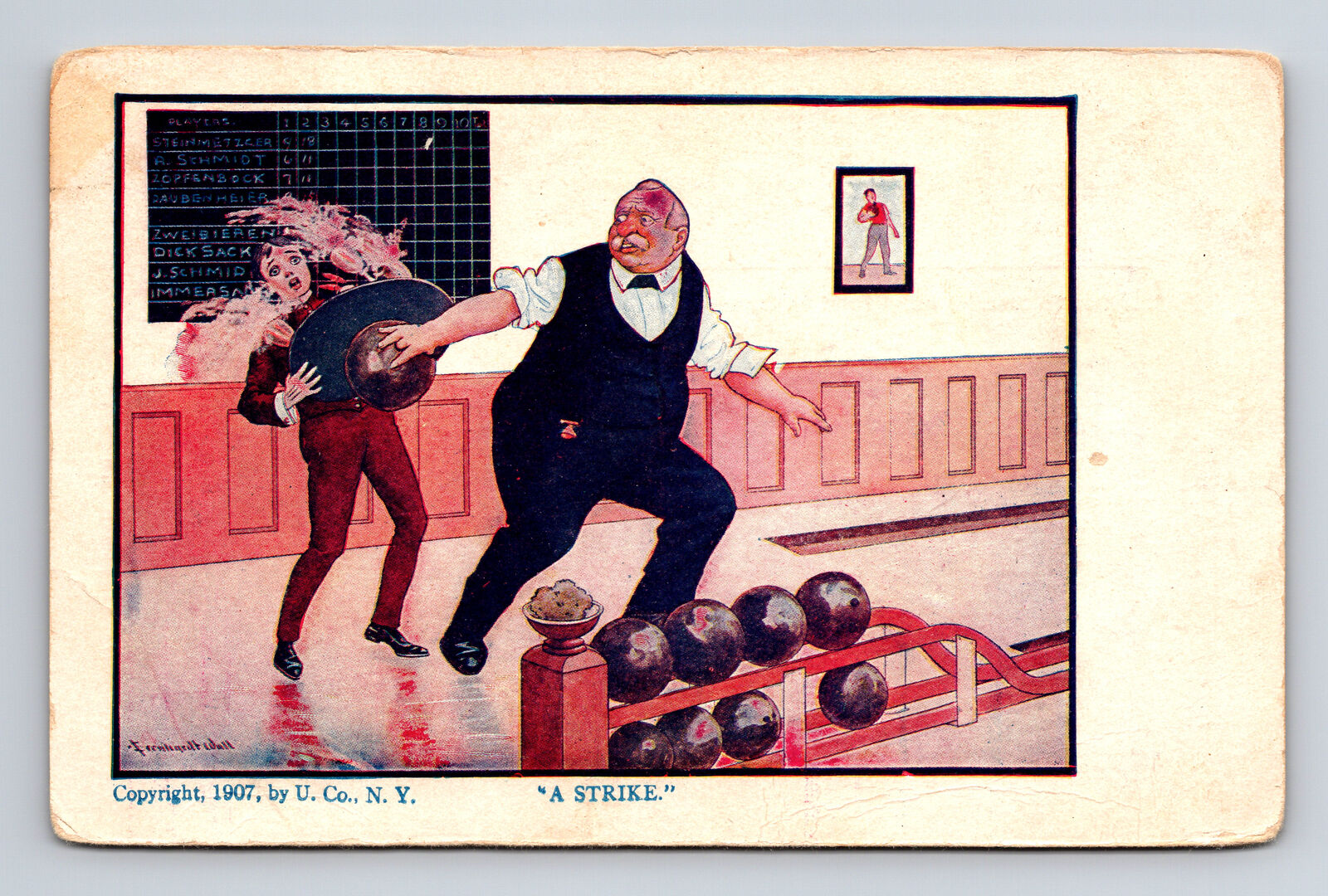 RARE Artist Signed Bernhardt Wall Bowling A Strike Humor Postcard