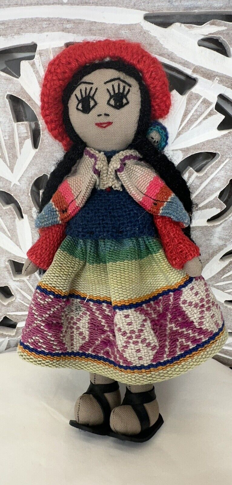 Vintage Peruvian Hand Made Folk Cloth Rag Doll Mom w/ Baby Peru/Andes