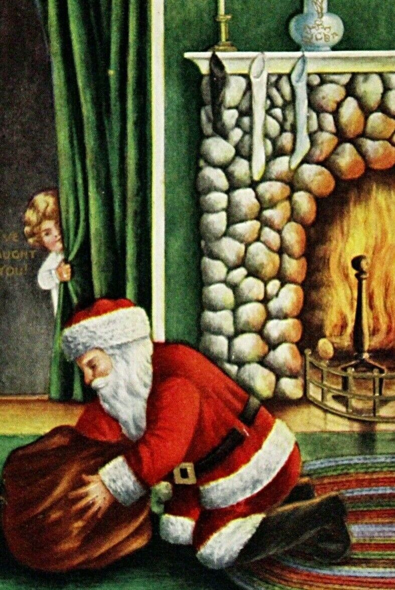 C. 1910 Santa Claus Little Girl Peaking by Fireplace Gold Embossed Postcard