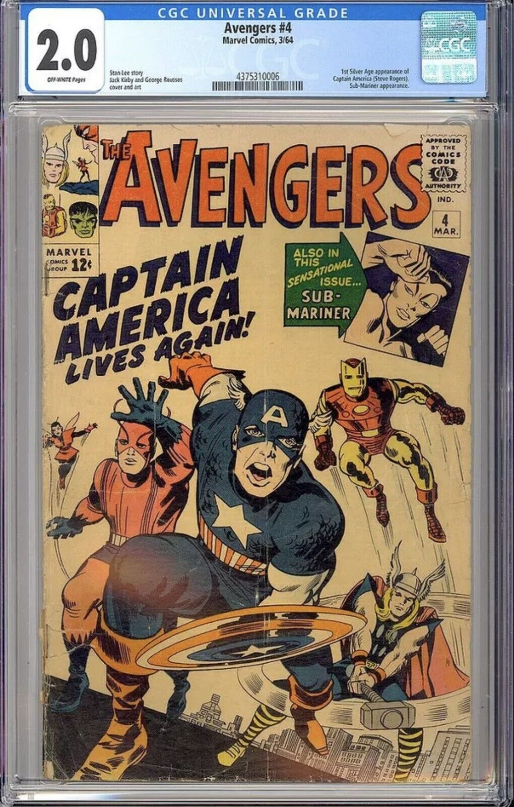 Avengers #4 1st Silver Age App. Captain America Marvel Comic 1964 CGC 2.0