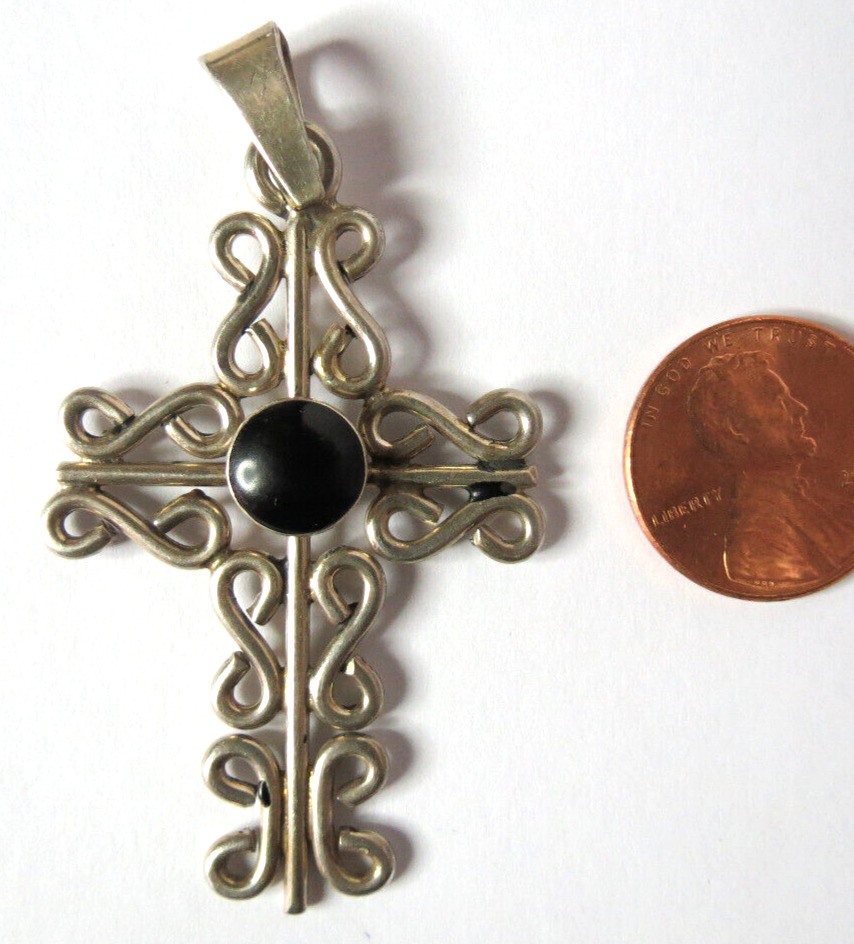 LARGE HAND MADE LADIES STERLING SILVER BLACK ONYX CROSS 60MM LONG PENDANT