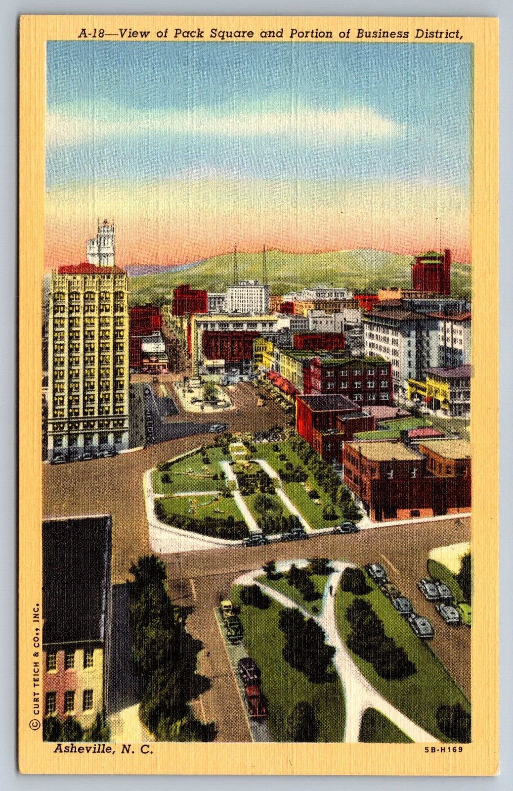 Pack Square Business District Asheville North Carolina linen Postcard