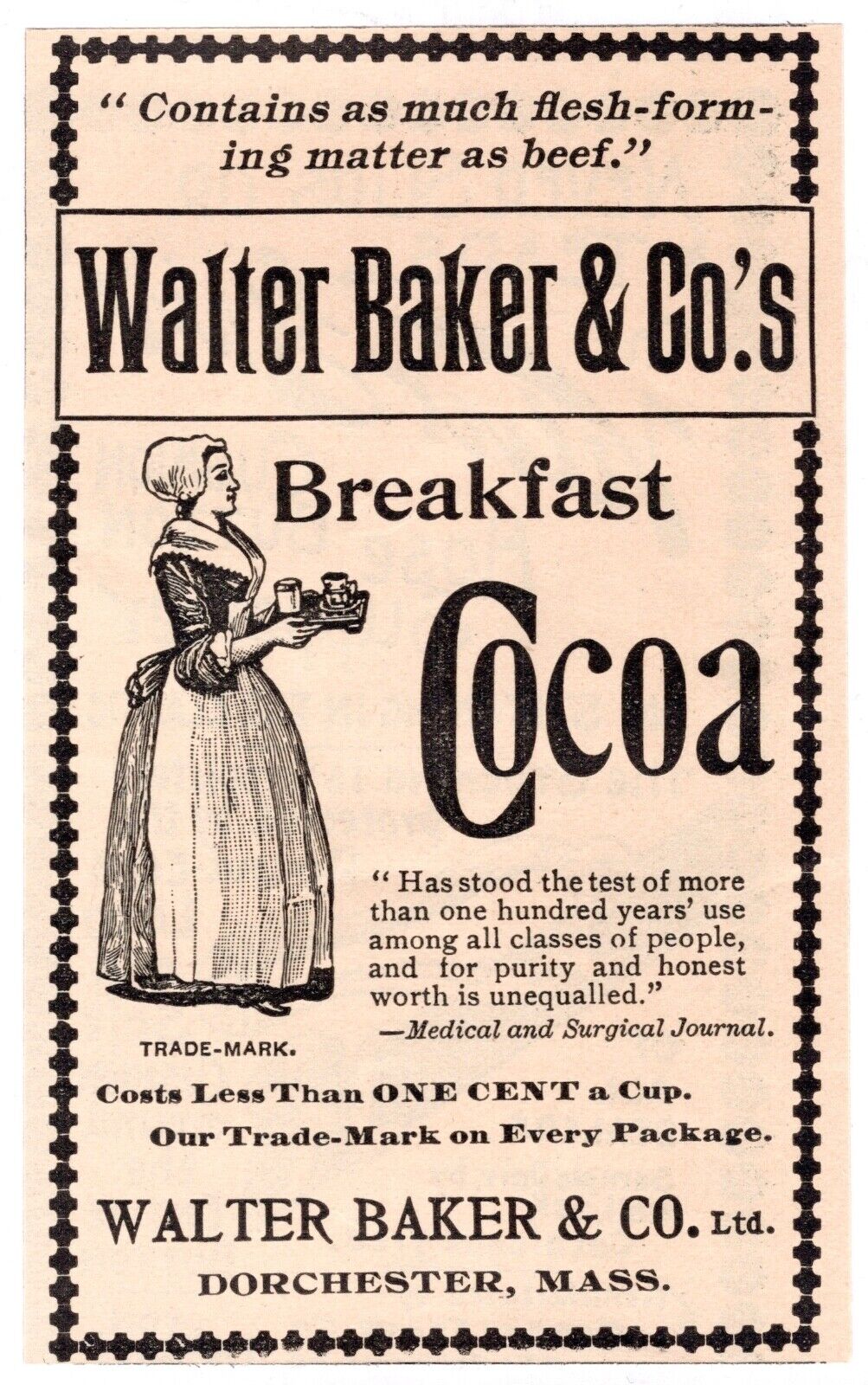 c1880s Breakfast Cocoa Walter Baker & Co. Medicinal Beverage Antique Print Ad