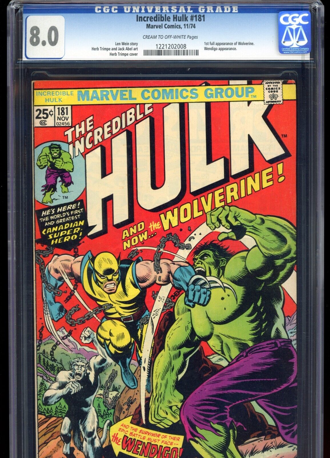 Incredible Hulk #181 CGC 8.0 1st full app Wolverine Wein Trimpe 1974 Marvel
