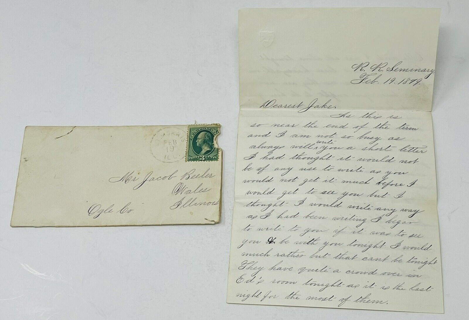 1879 Original Letter From Rock River IL Seminary Student Night Before Closing