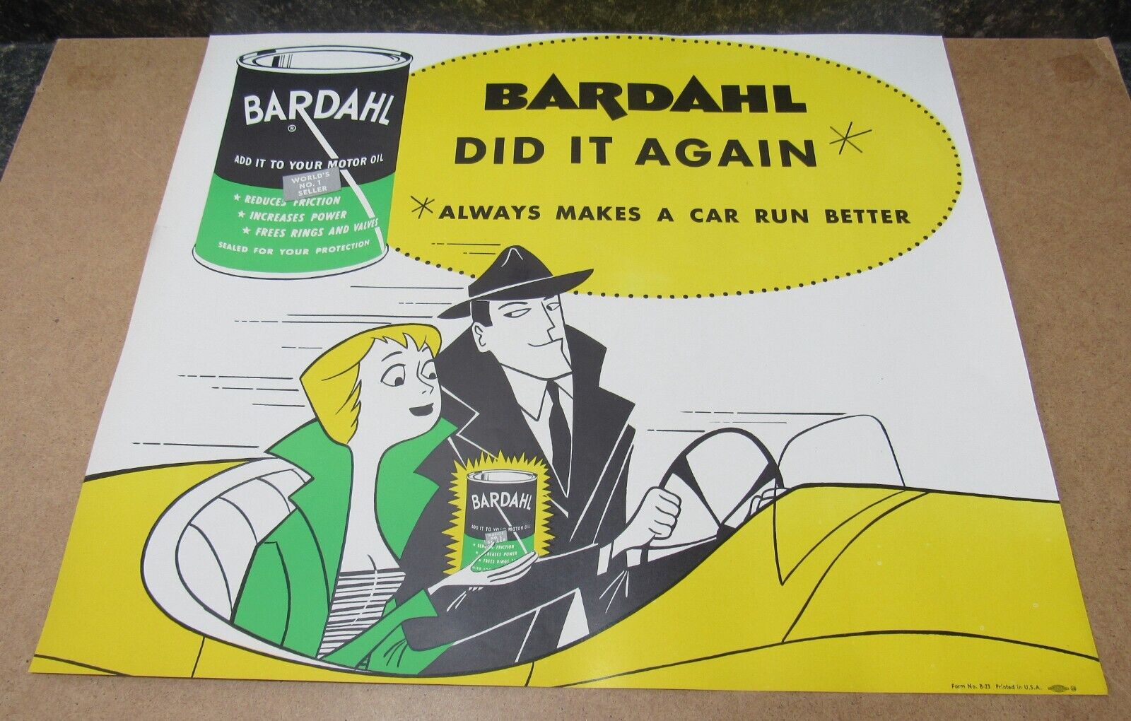 Vintage BARDAHL OIL DID IT AGAIN Detective & Lady Riding In Car Window-Wall Sign