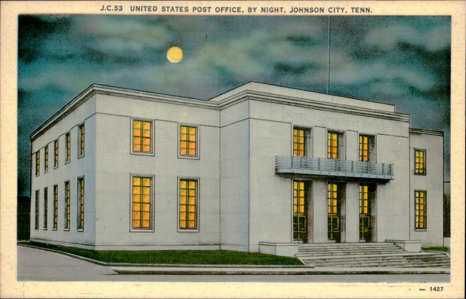 Postcard: J.C.53 UNITED STATES POST OFFICE, BY NIGHT. JOHNSON CITY. TE