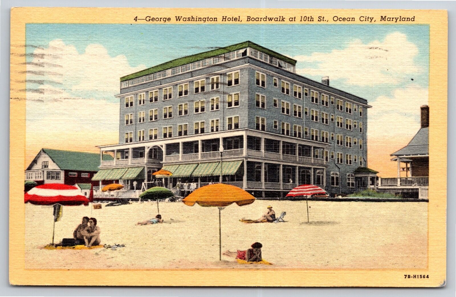 Ocean City Maryland~George Washington Hotel From Beach~Vintage Linen Postcard