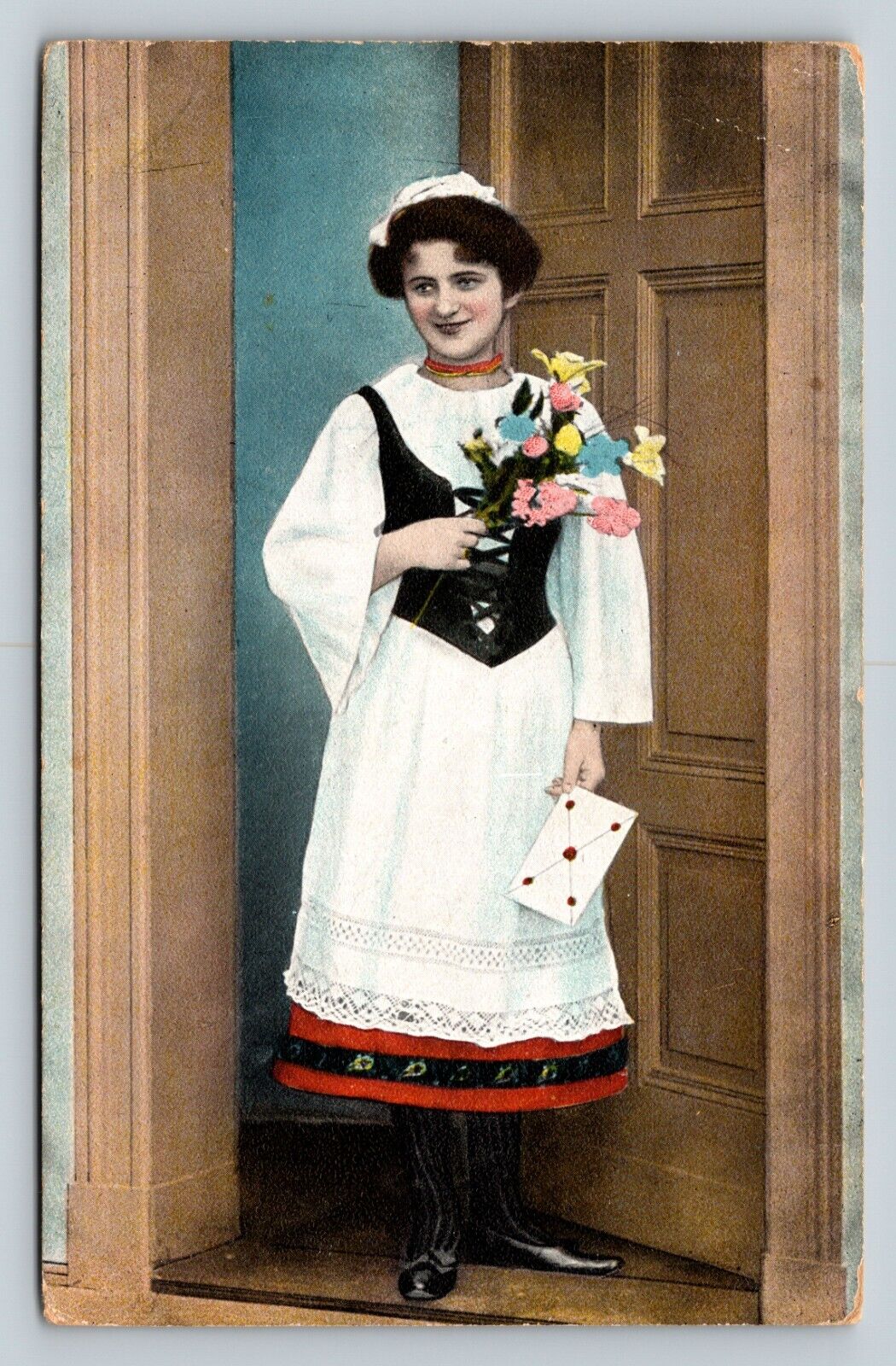 Woman w/ Flowers & Card Stands At Door Classic Fashion ANTIQUE Postcard