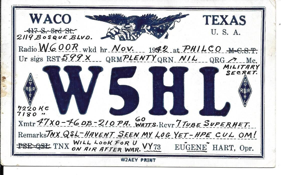 QSL 1942 Waco Texas  radio card
