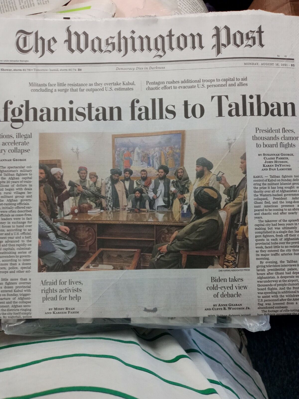 The Washington Post Monday August 16 2021. Afghanistan falls to Taliban