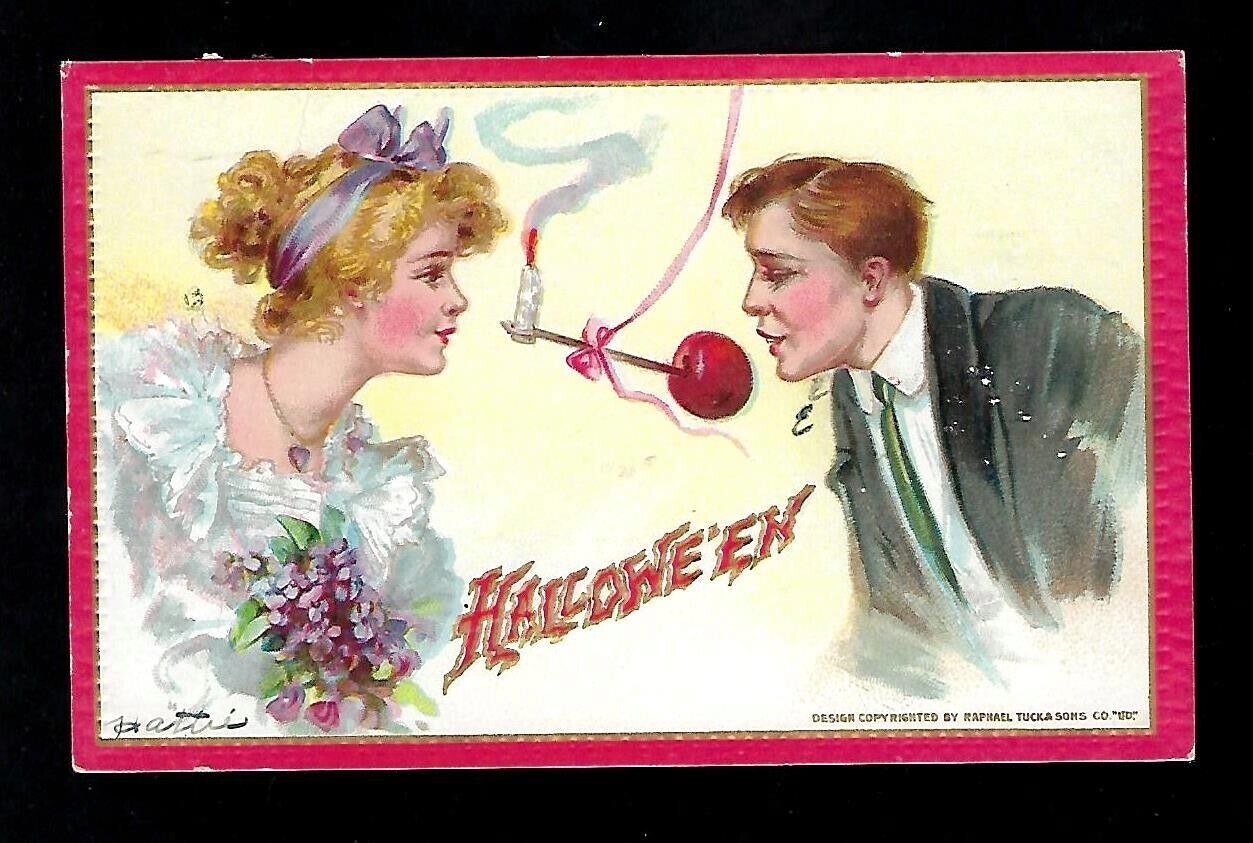 c1909 Tucks #174 Halloween Postcard Man & Lady Bobbing For Apples Embossed