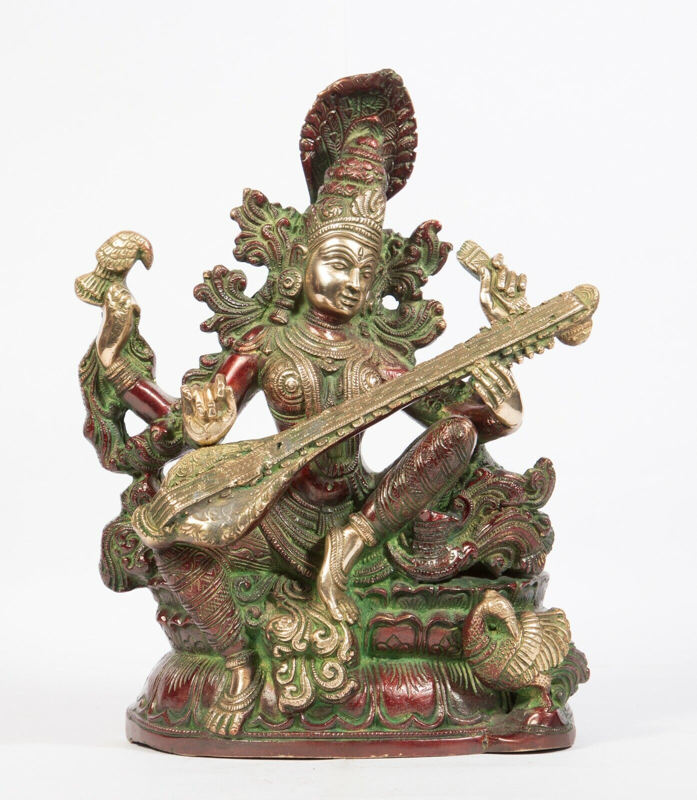 Arihant Craft® Hindu God Saraswati Idol Statue - 28.5 cm, Brass, Red-Green