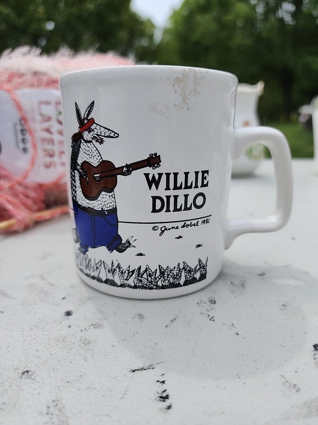 Vintage June Sobel 1981 Willie DIllo Armadillo Guitar Funny Coffee Mug 