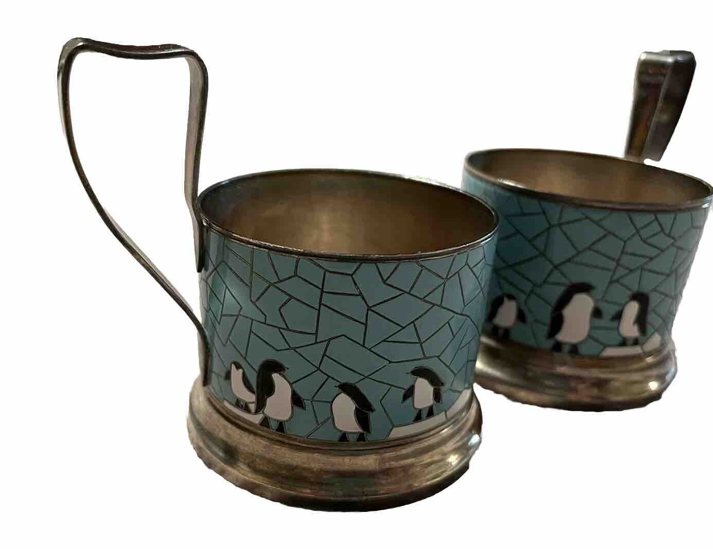Vintage 2 Soviet  Russian Podstakannik Tea Glass Holders Enamel Penguins