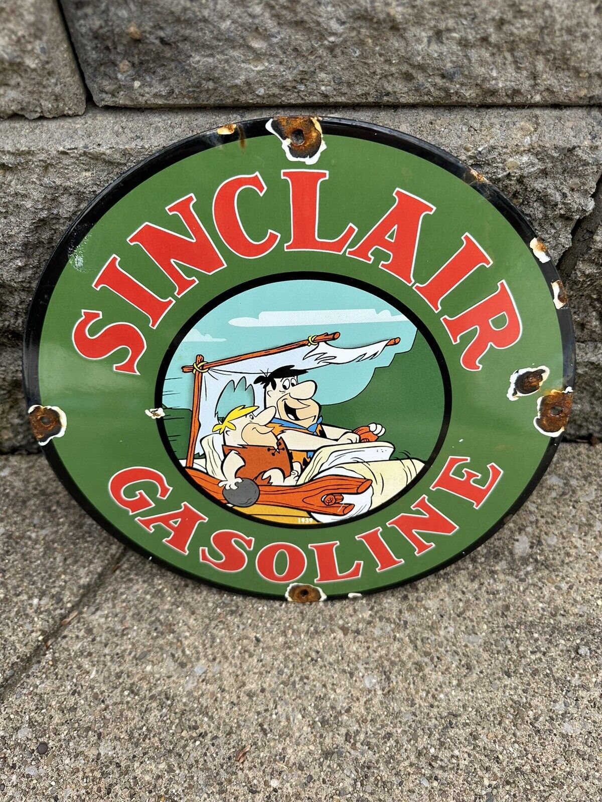 Vintage Sinclair Gas Porcelain Sign - Flintstones Gasoline Service Pump Sign