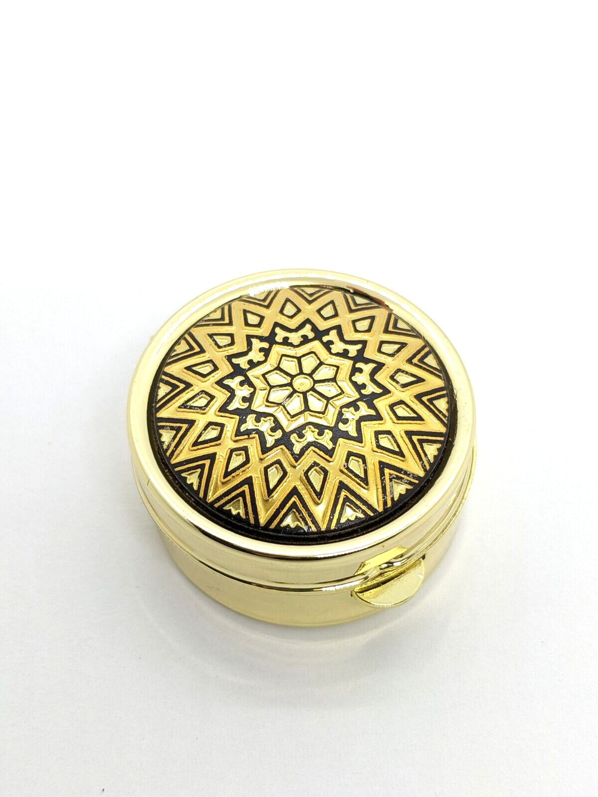Vintage Damascene Spanish pill box from Spain 24K Gold & Steel -Geometric / Star