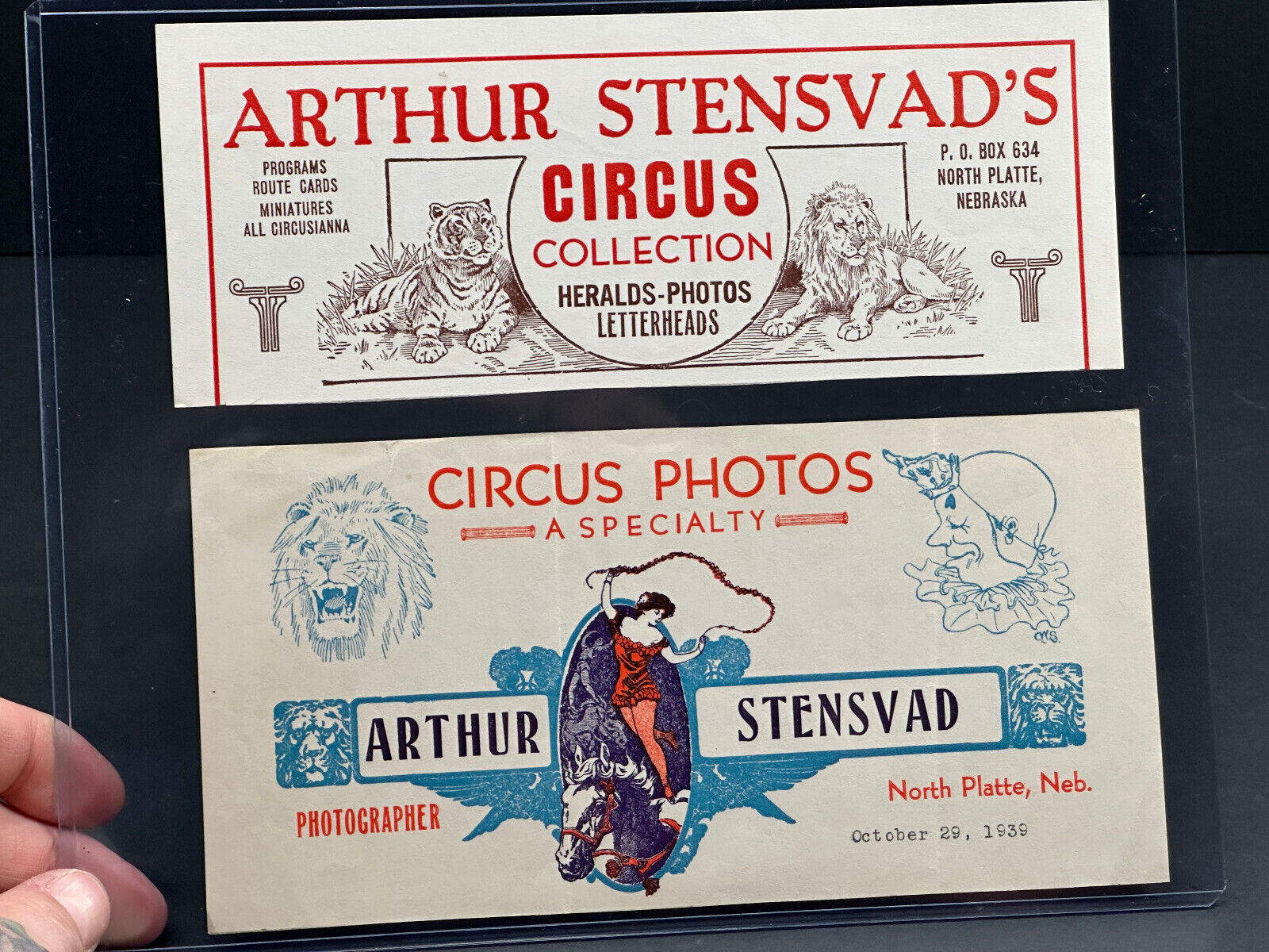 Pair (x2) 1930\'s Arthur Stensvad Circus letterhead photos North platte Nebraska