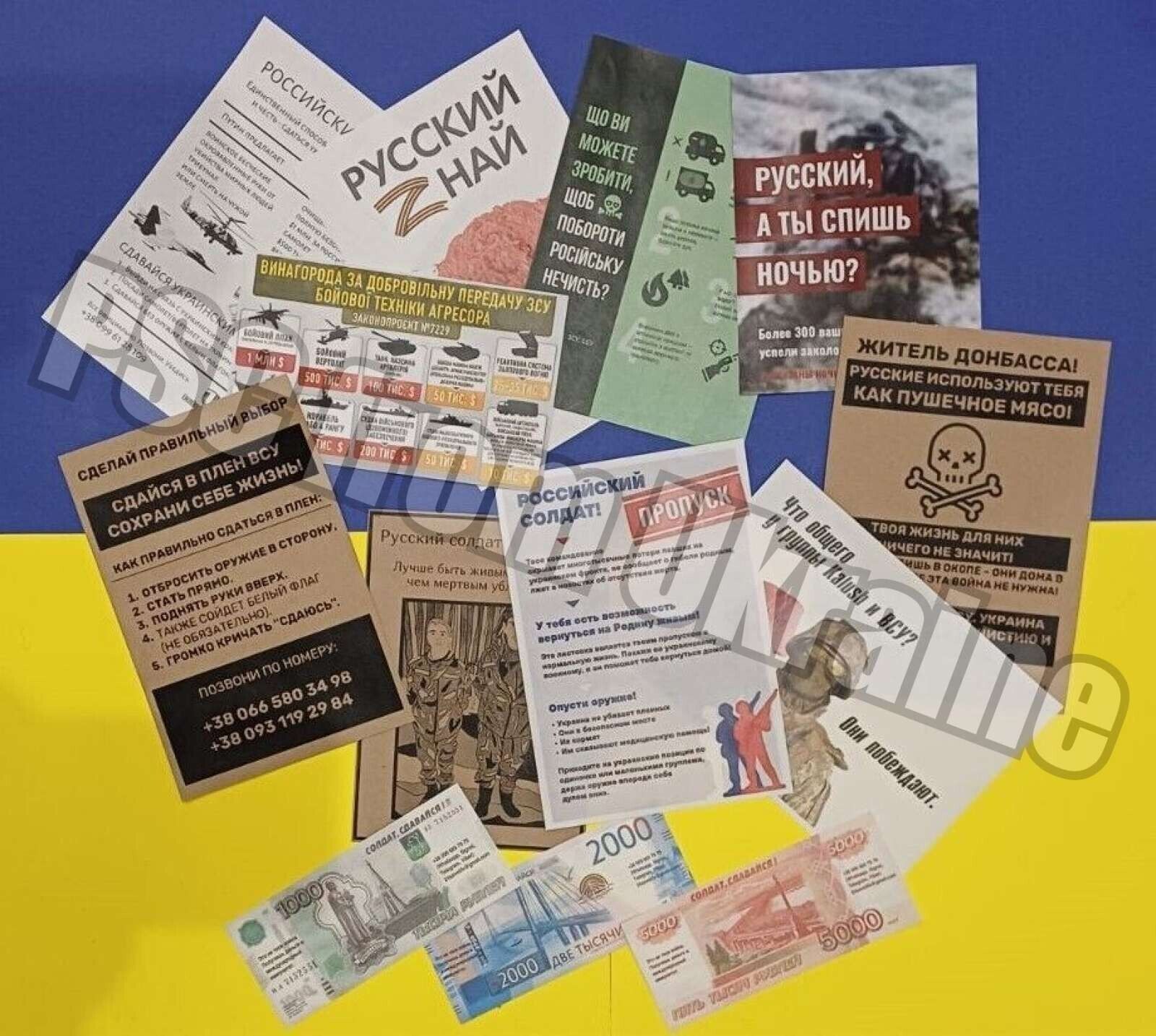 Ukraine propaganda. Anti-russia. Set №1 - 10 propaganda leaflet + 3 banknotes