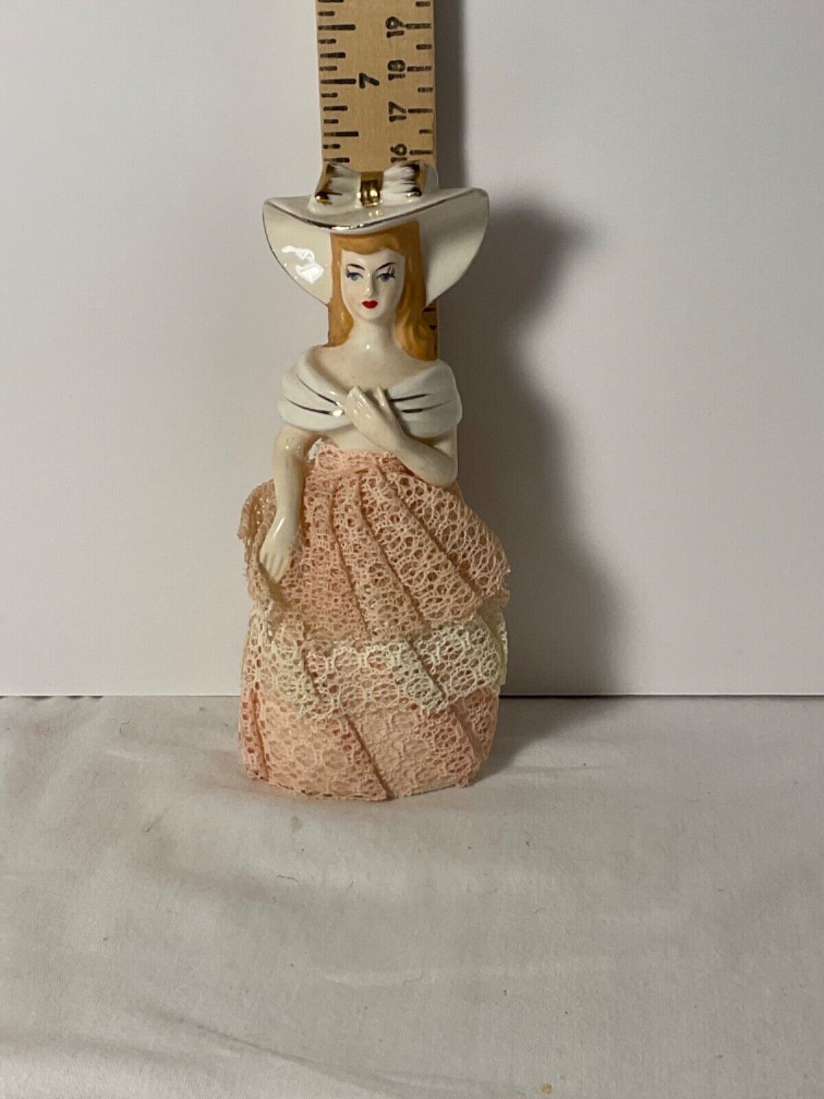Original Arnart creation Vintage ceramic lady figurine hard lace style dress 6”