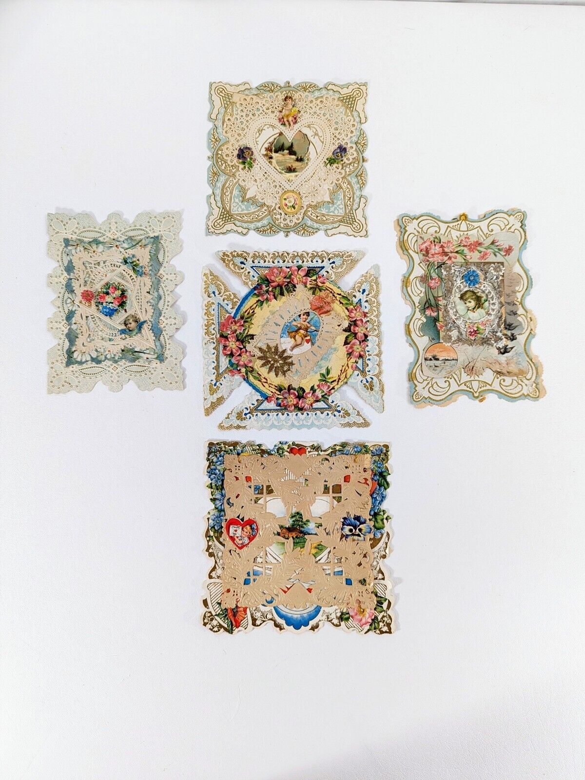 Set Of 5 Antique 1870-90s Victorian Embossed Paper Lace Die Cut Valentine Card